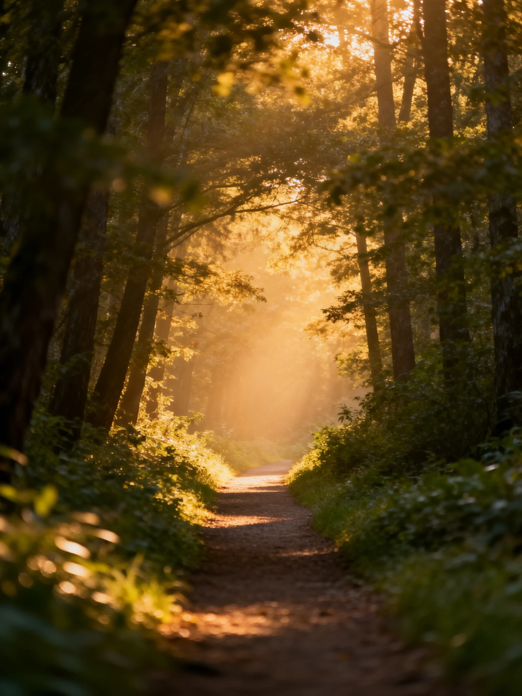 Golden Light Filters Through Dense Forest Pathway