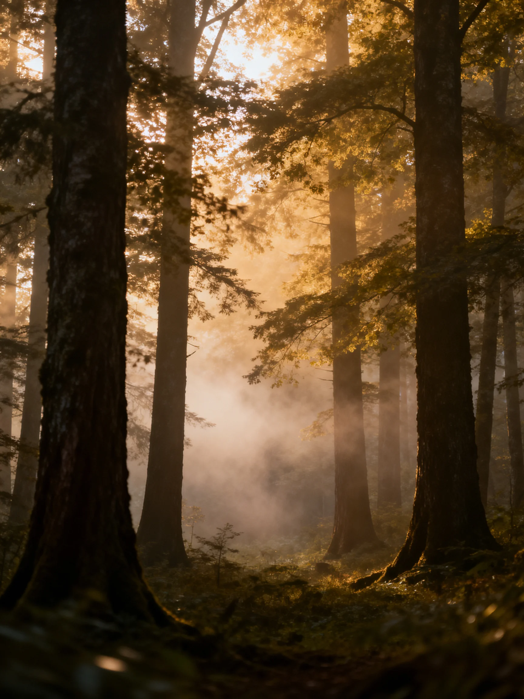 Golden Light Filters Through Misty Forest Canopy