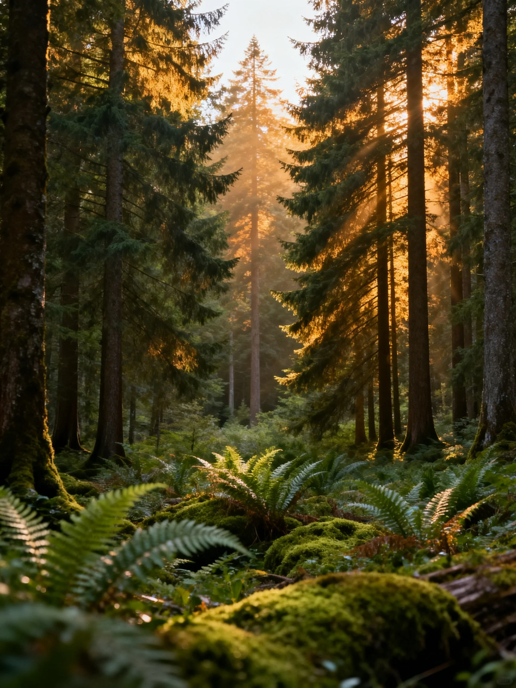 Golden Light Filters Through Tall Evergreen Trees and Lush Ferns