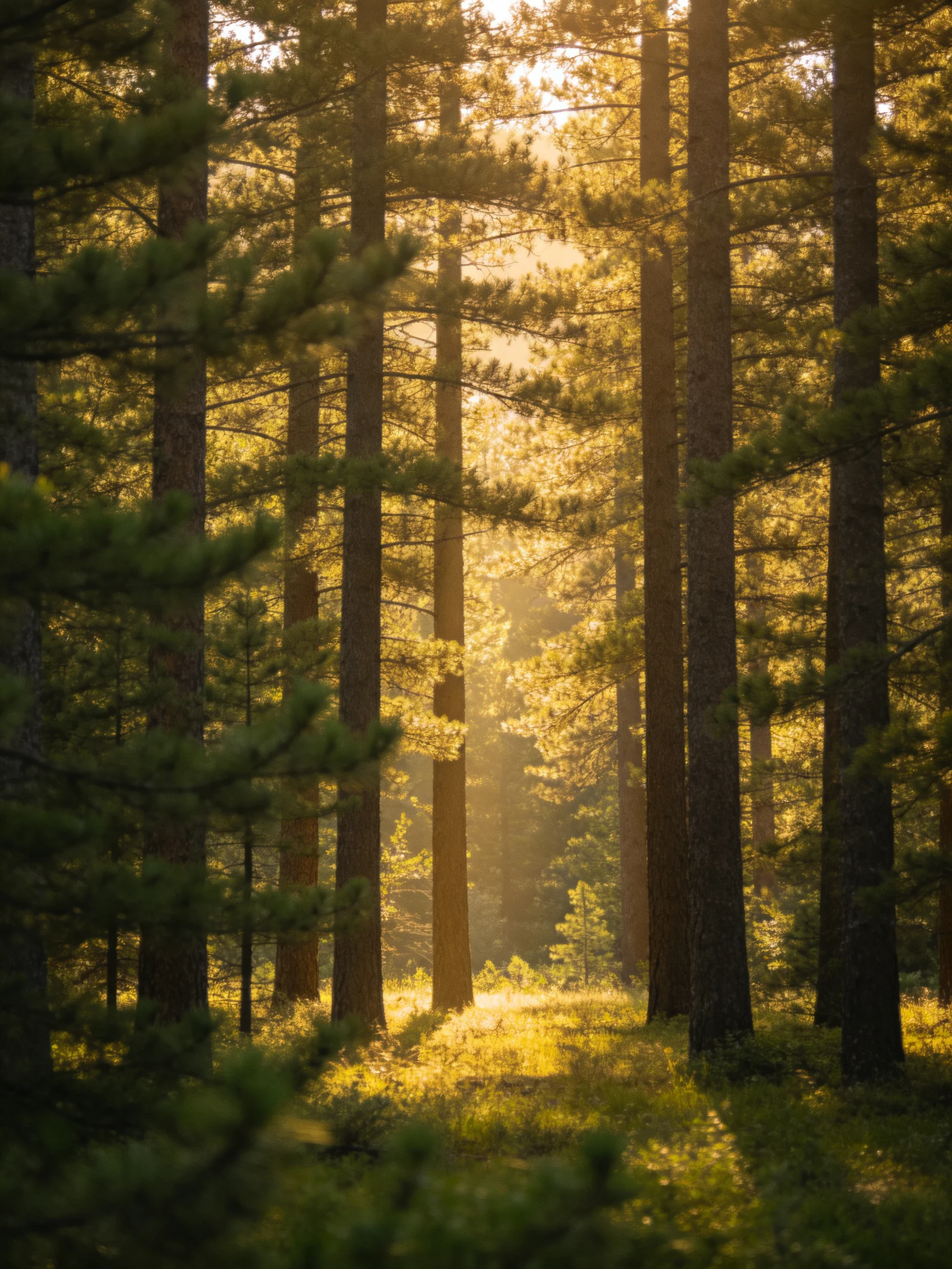 Golden Light Filters Through Tall Pine Trees in a Sun-Drenched Forest
