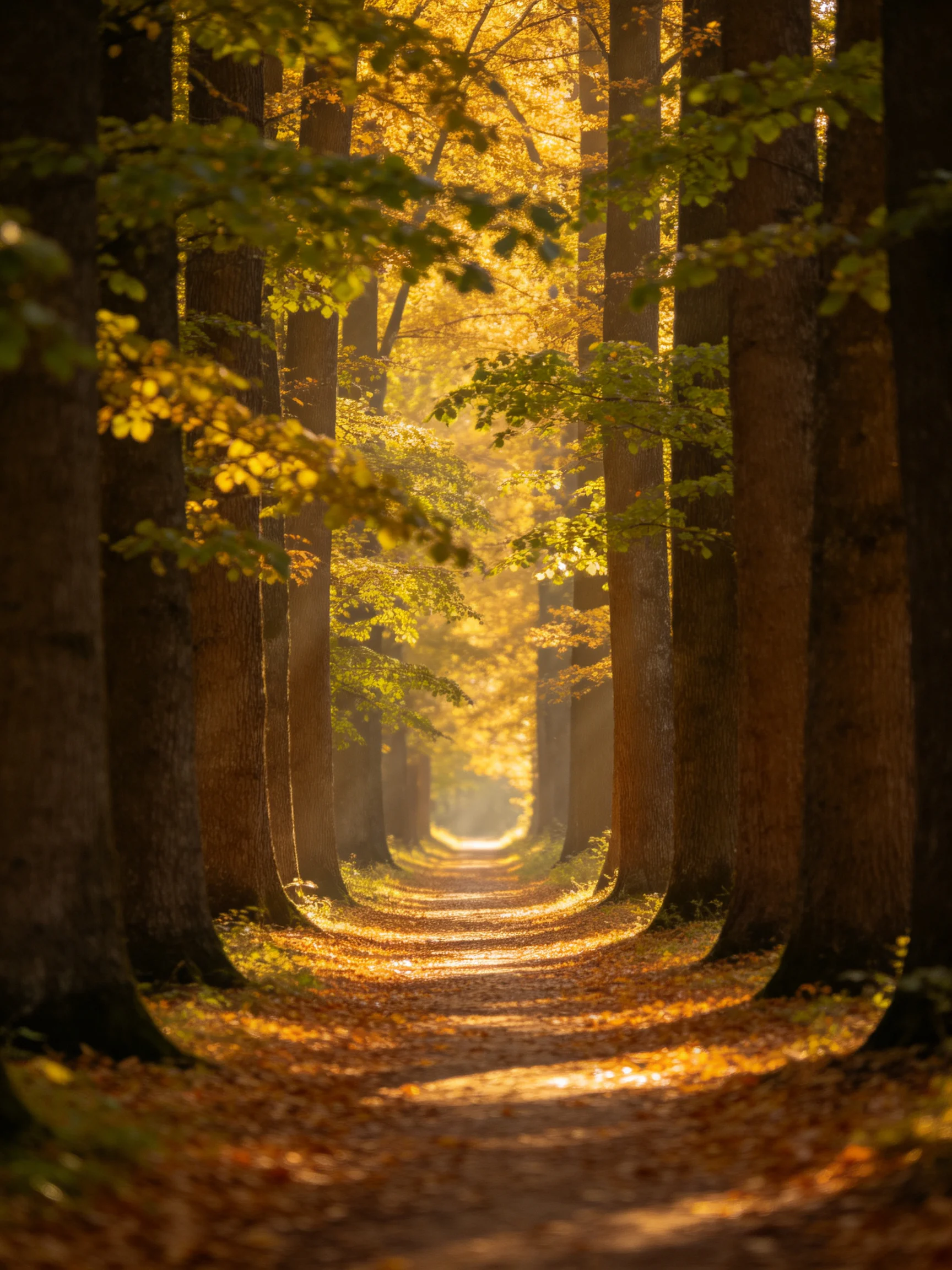 Golden Light Filters Through Tall Trees Along a Forest Path