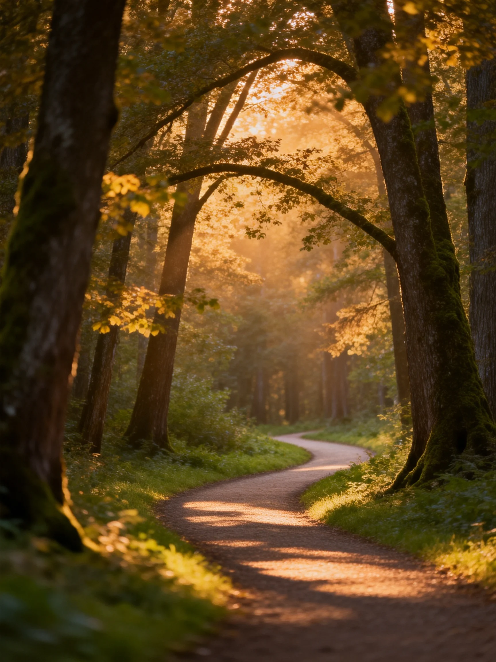Golden Light Filters Through Tall Trees Along aWinding Forest Path