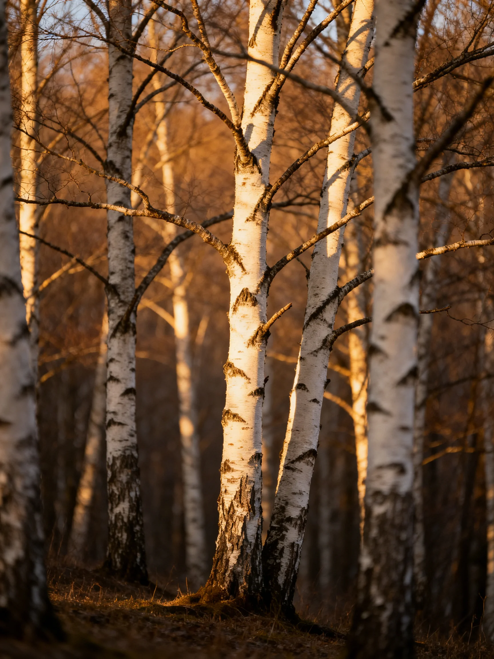 Golden Light Illuminates a Dense Birch Forest with White Trunks