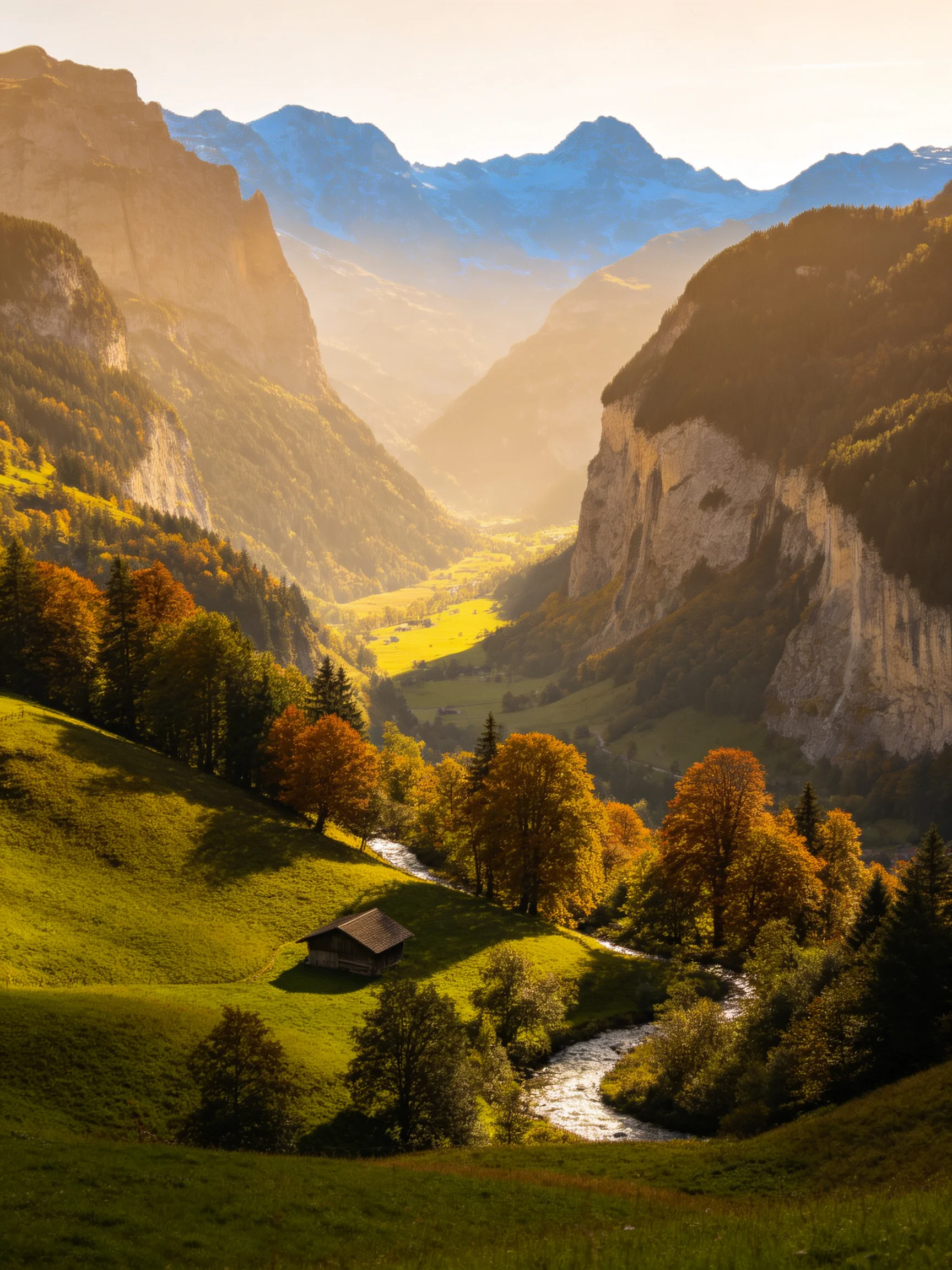 Golden Light Illuminates a Lush Mountain Valley with Colorful Trees