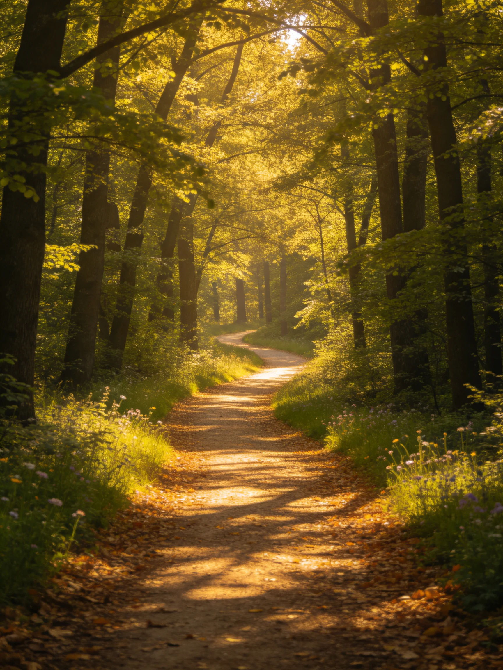 Golden Light Illuminates a Winding Forest Path Through Tall Trees