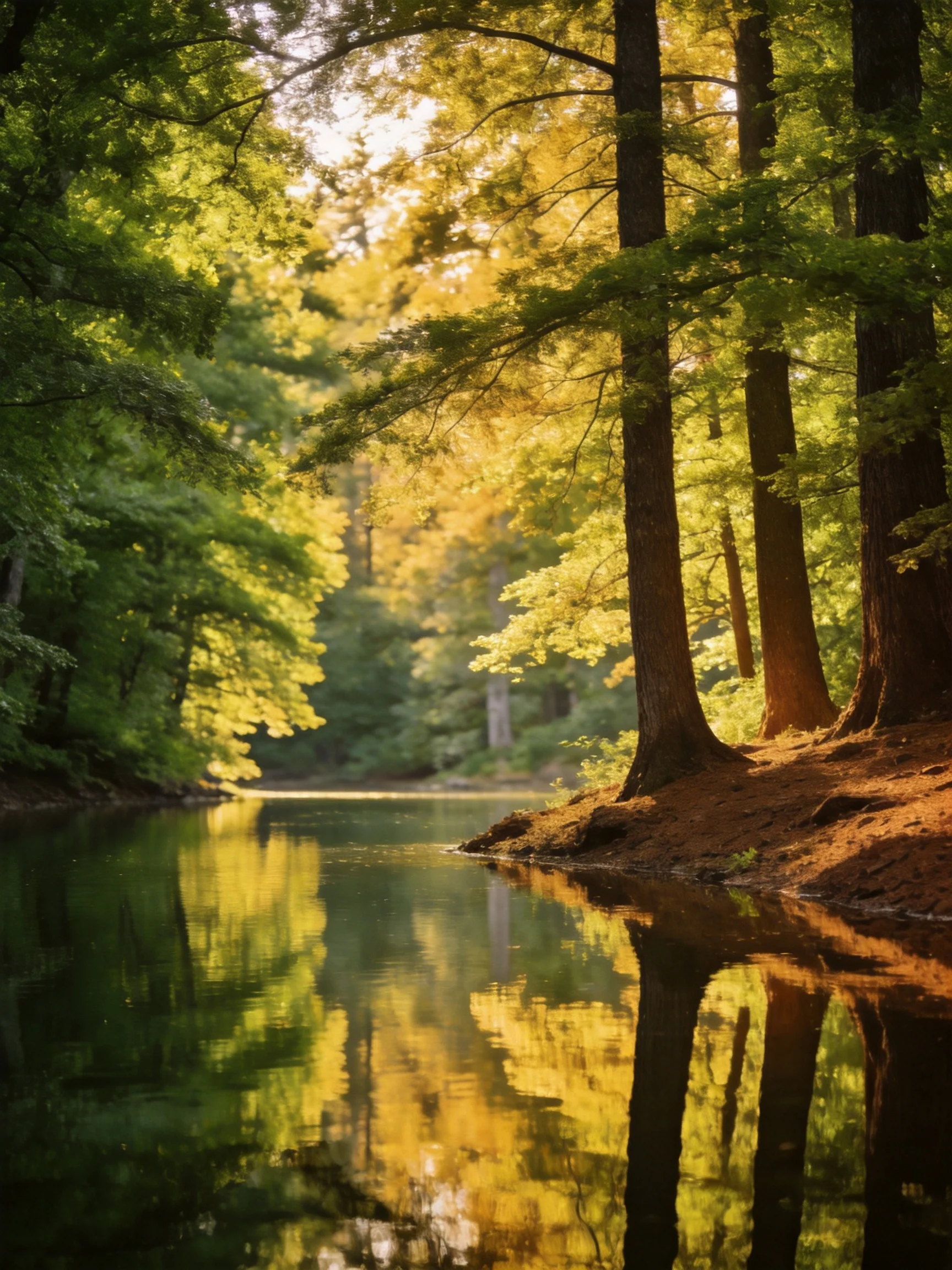 Golden Light Reflects Off a Calm River Through Lush Forest