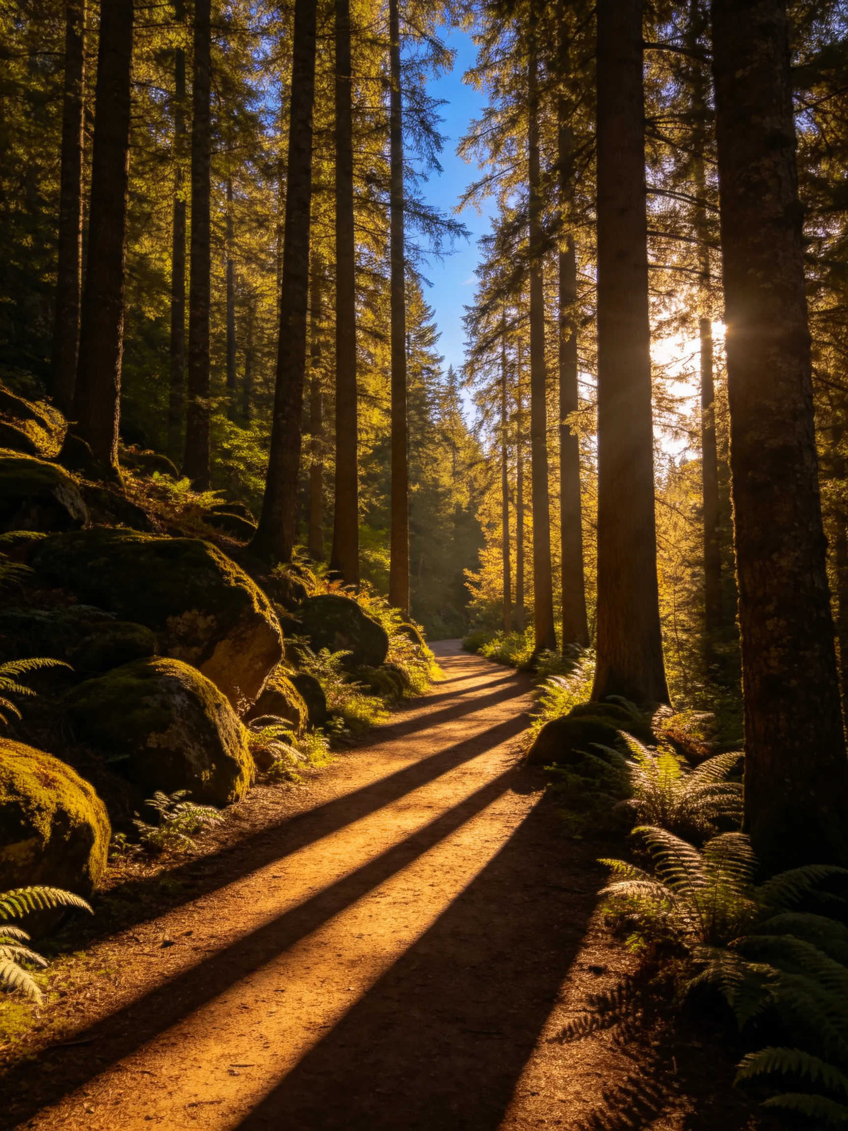 Golden Light Through Tall Forest Trees Along Moss-Covered Path