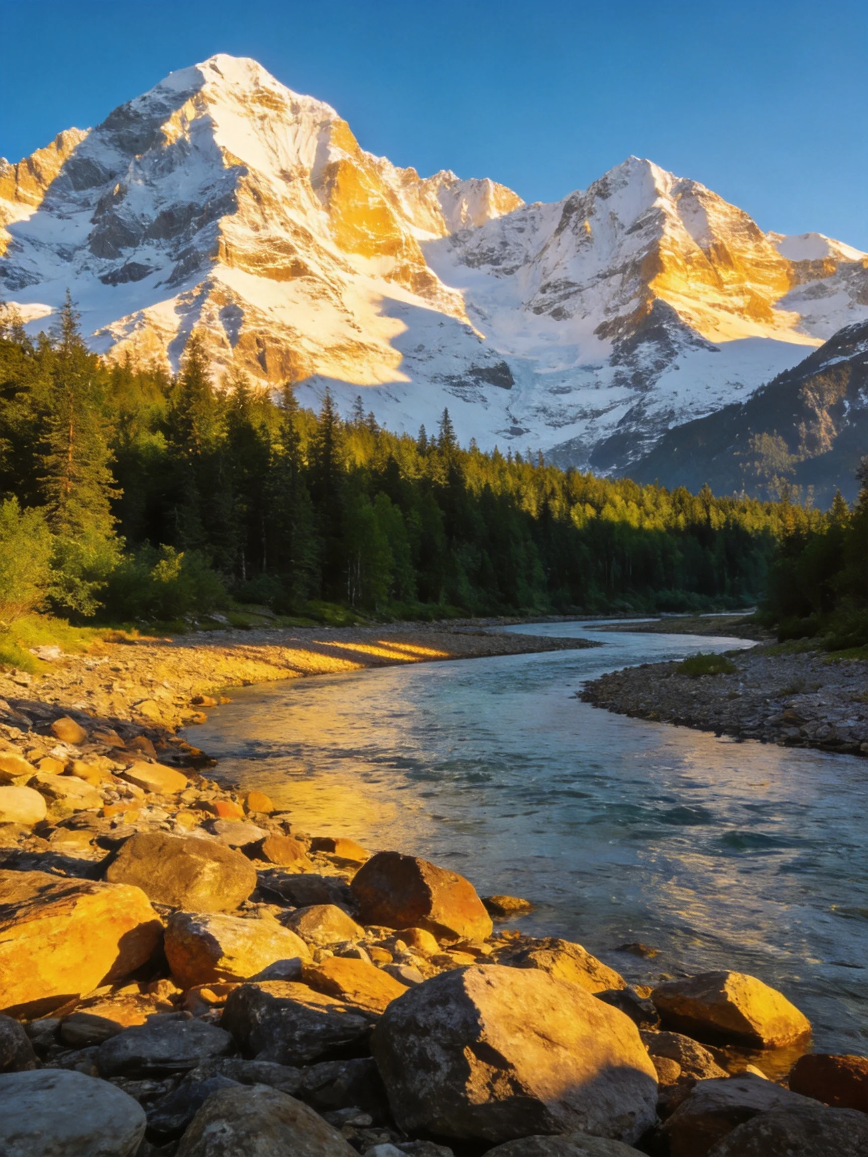 Golden Light on Snow-Capped Peaks by a Forested River