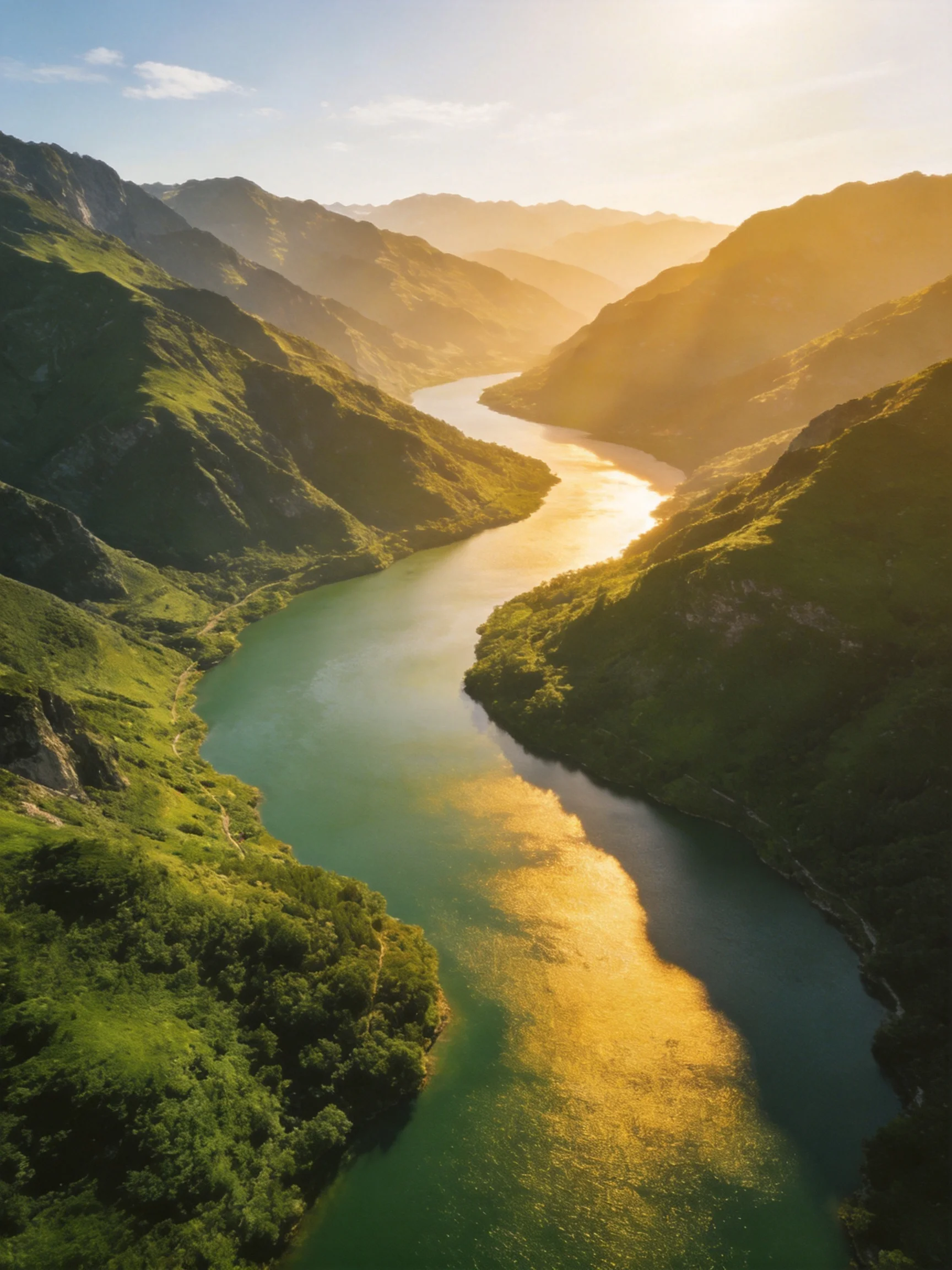 Golden Light on a Serpentine River Through Verdant Mountains
