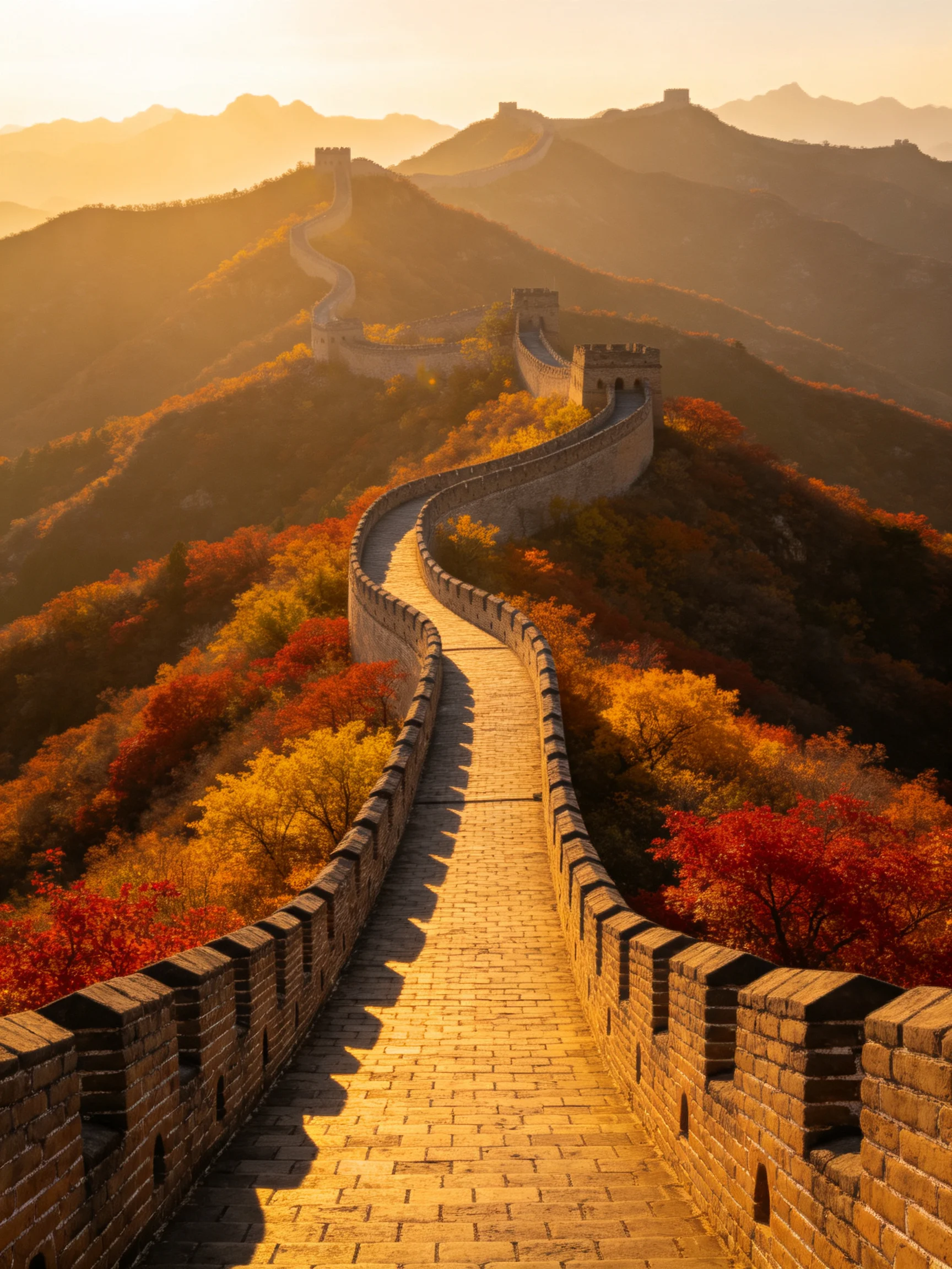 Golden Light on the Ancient Great Wall with Autumn Foliage