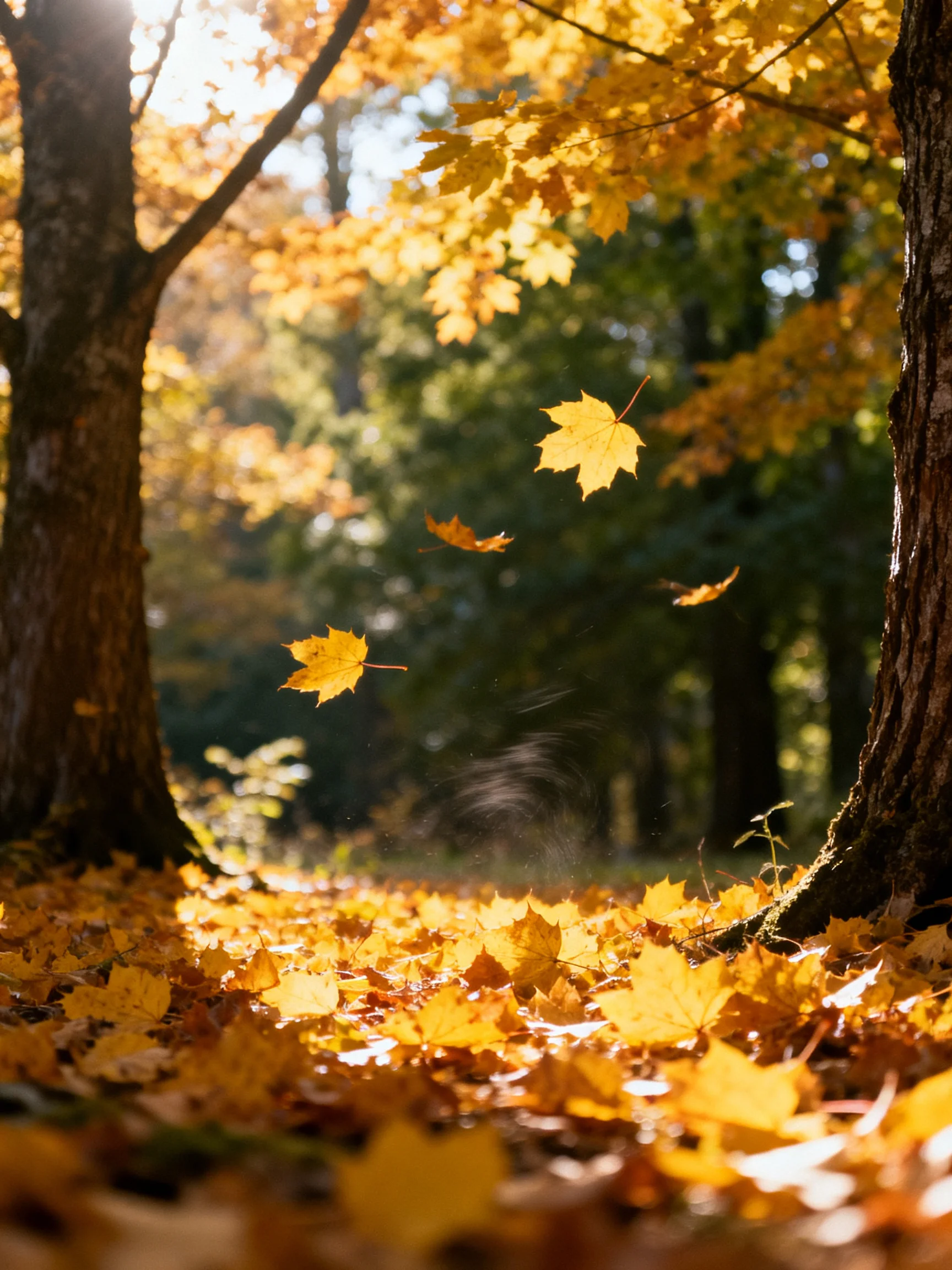Golden Maple Leaves Falling Among Tall Forest Trees in Sunlight