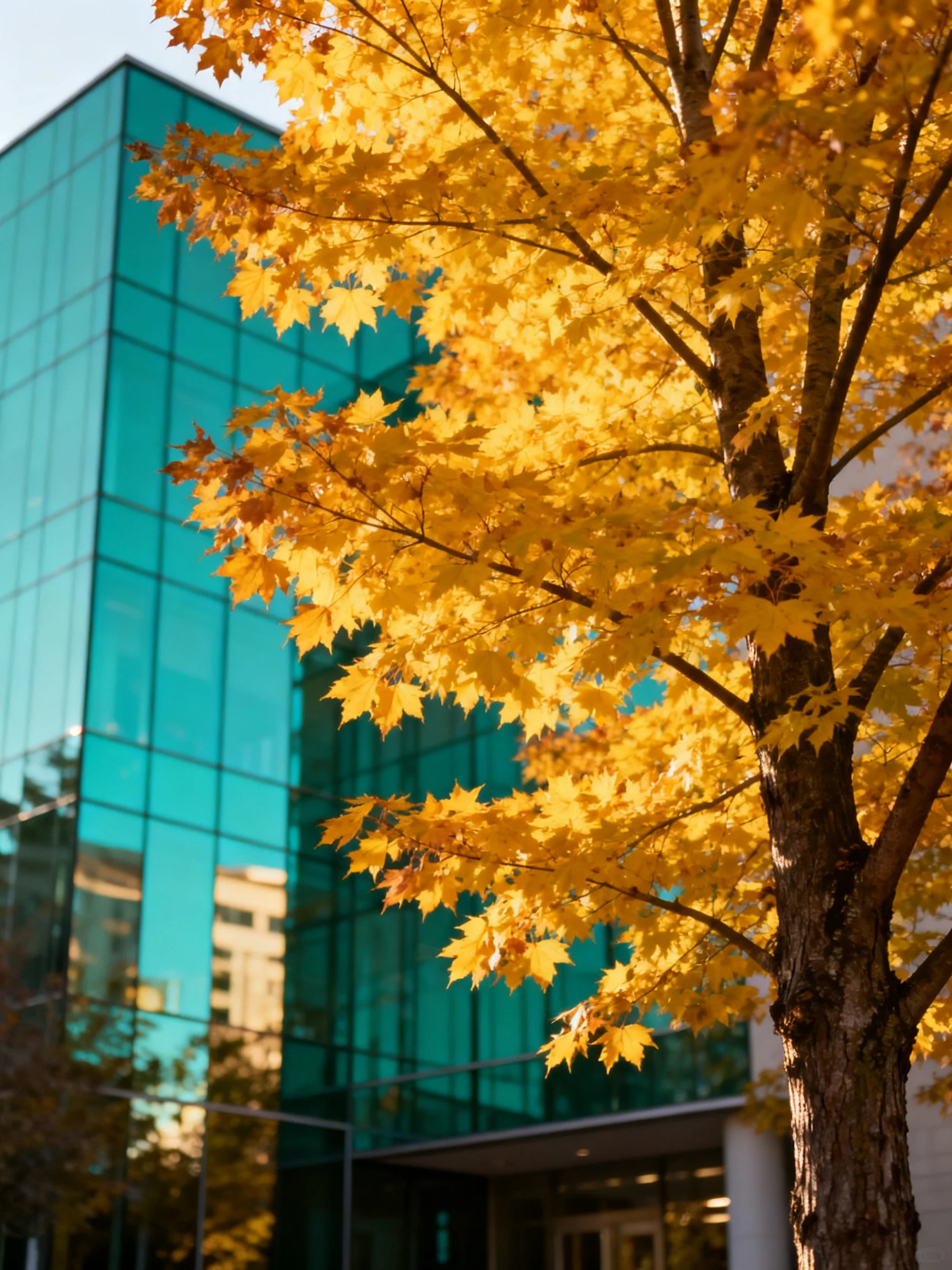Golden Maple Leaves Frame a Modern Teal-Glass Building