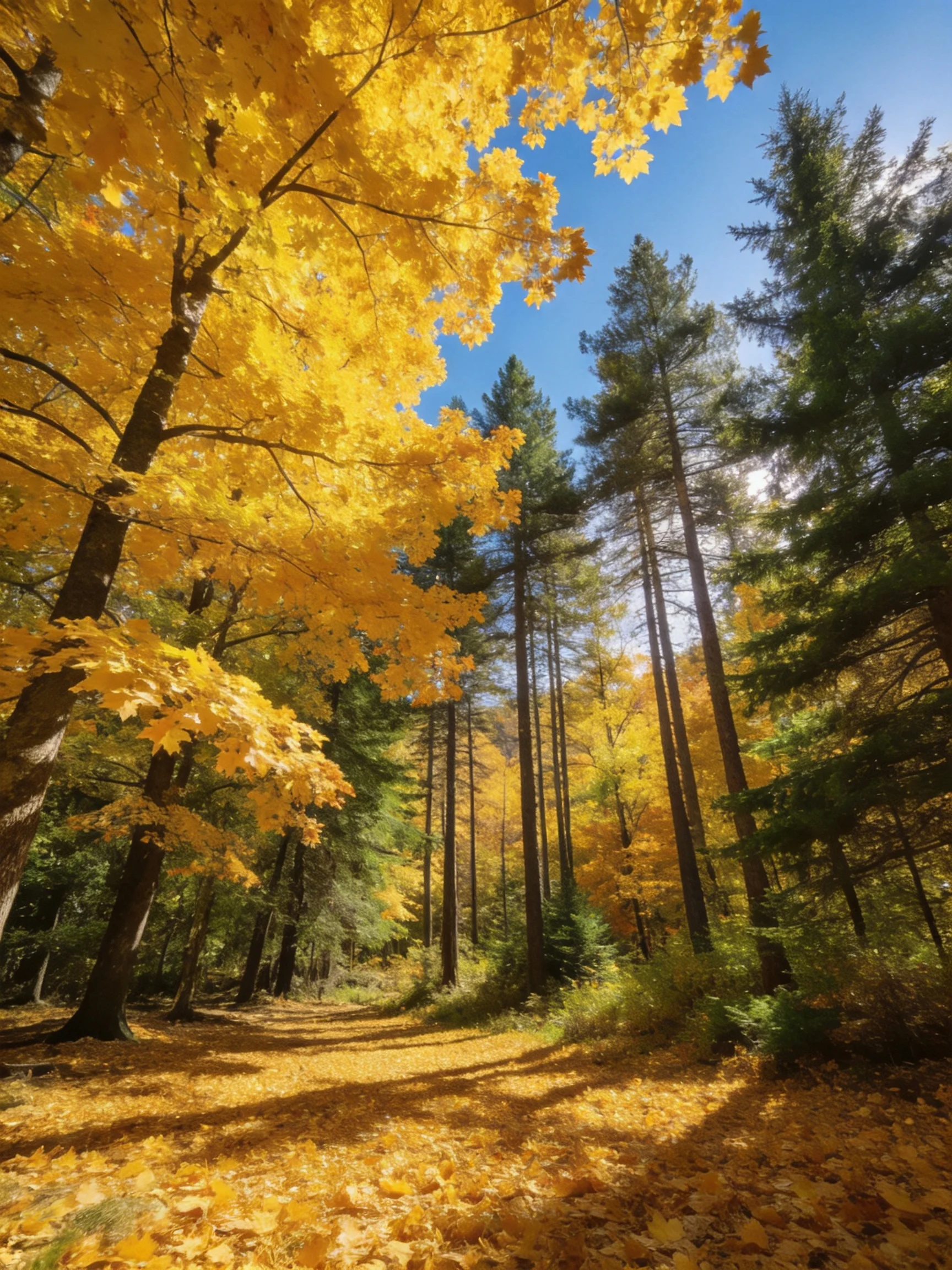 Golden Maple Trees and Evergreens Along a Leaf-Covered Forest Path