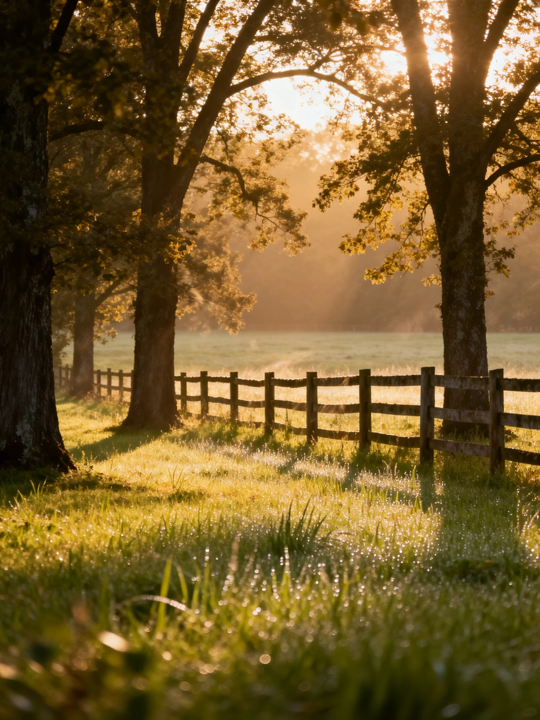 Golden Morning Light Illuminates Ancient Trees, Fence, and Dewy Meadow