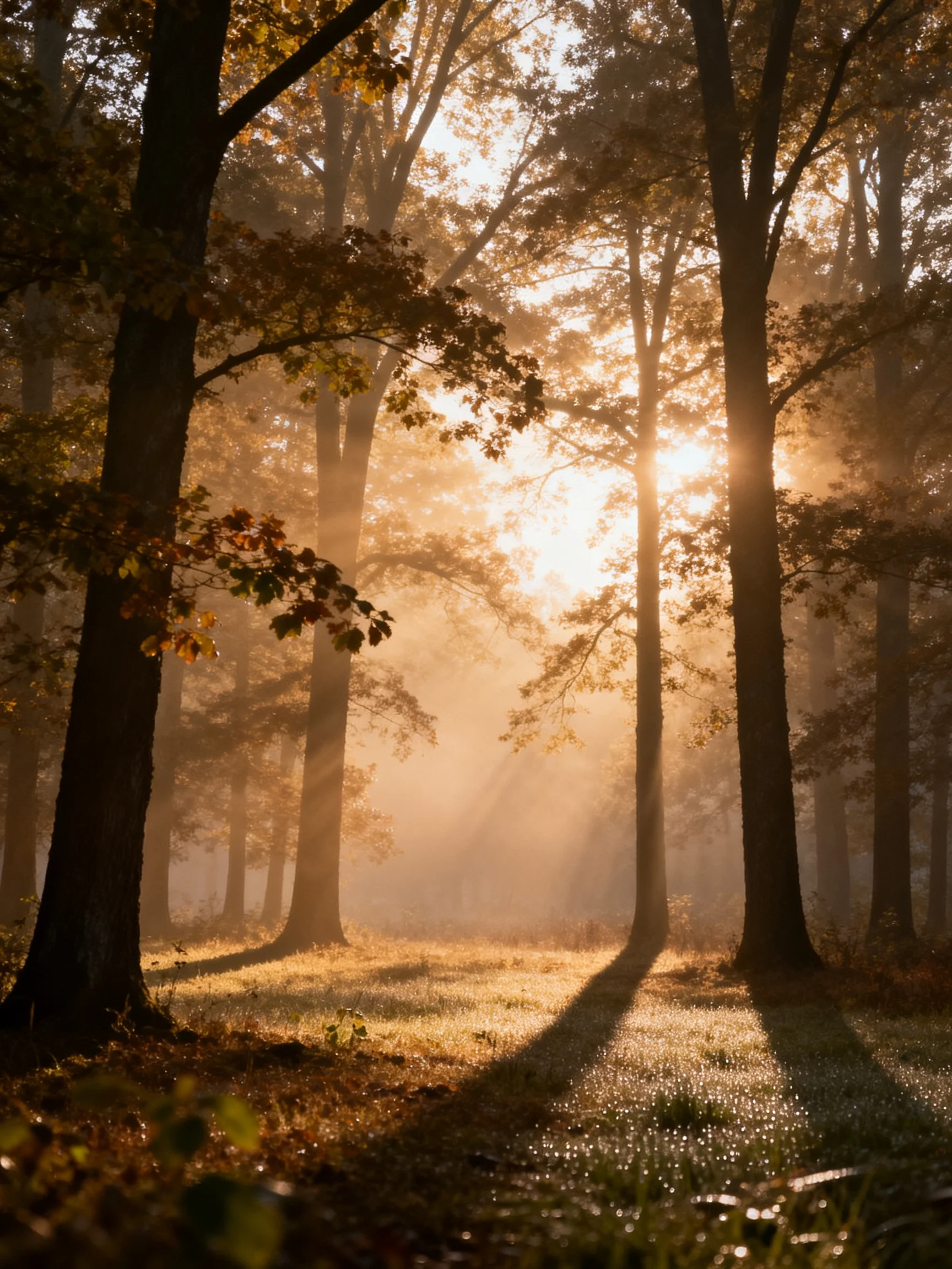 Golden Morning Light Shines Through Tall Forest Trees