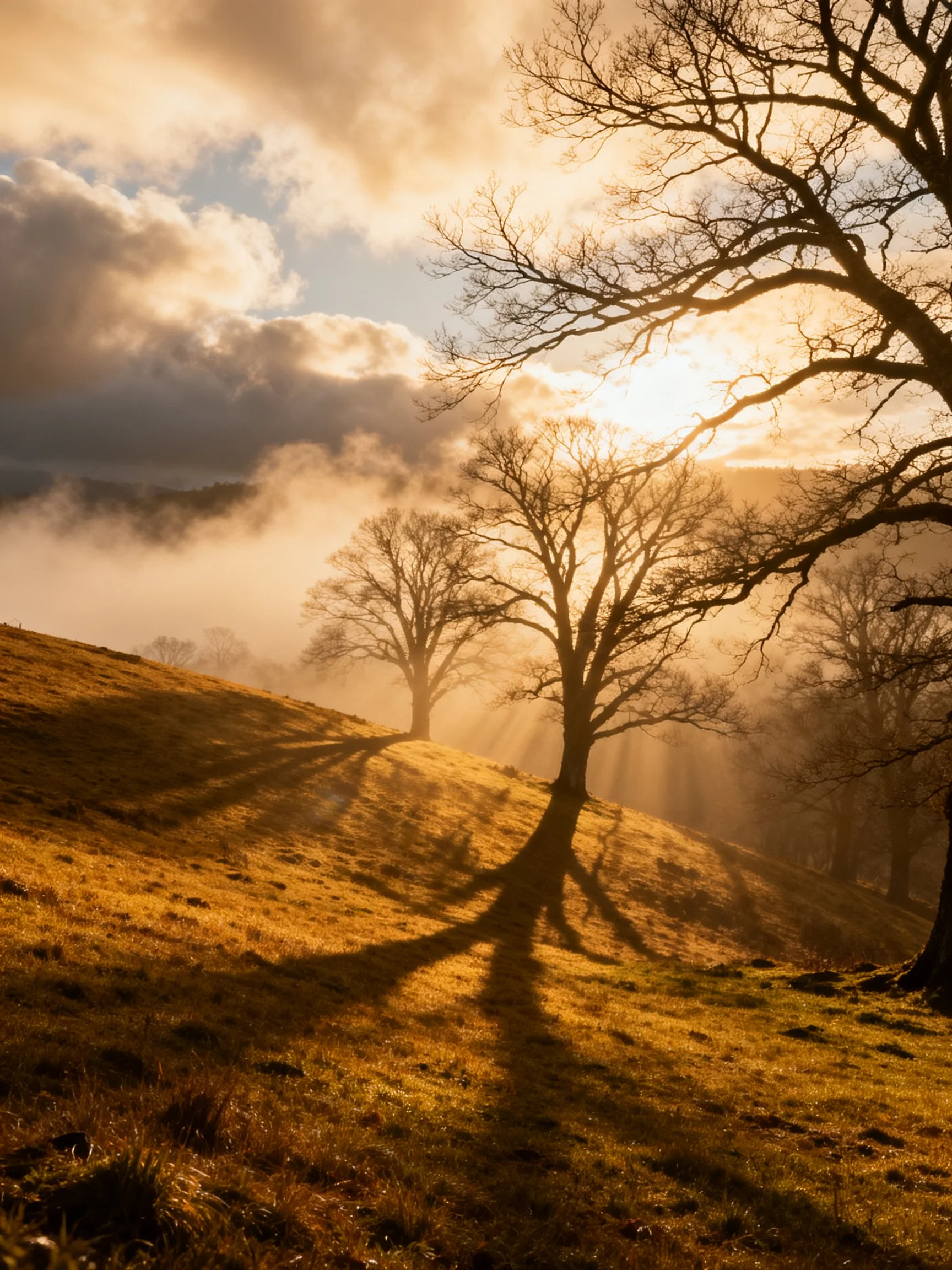 Golden Morning Light on Rolling Hillside with Silhouetted Trees