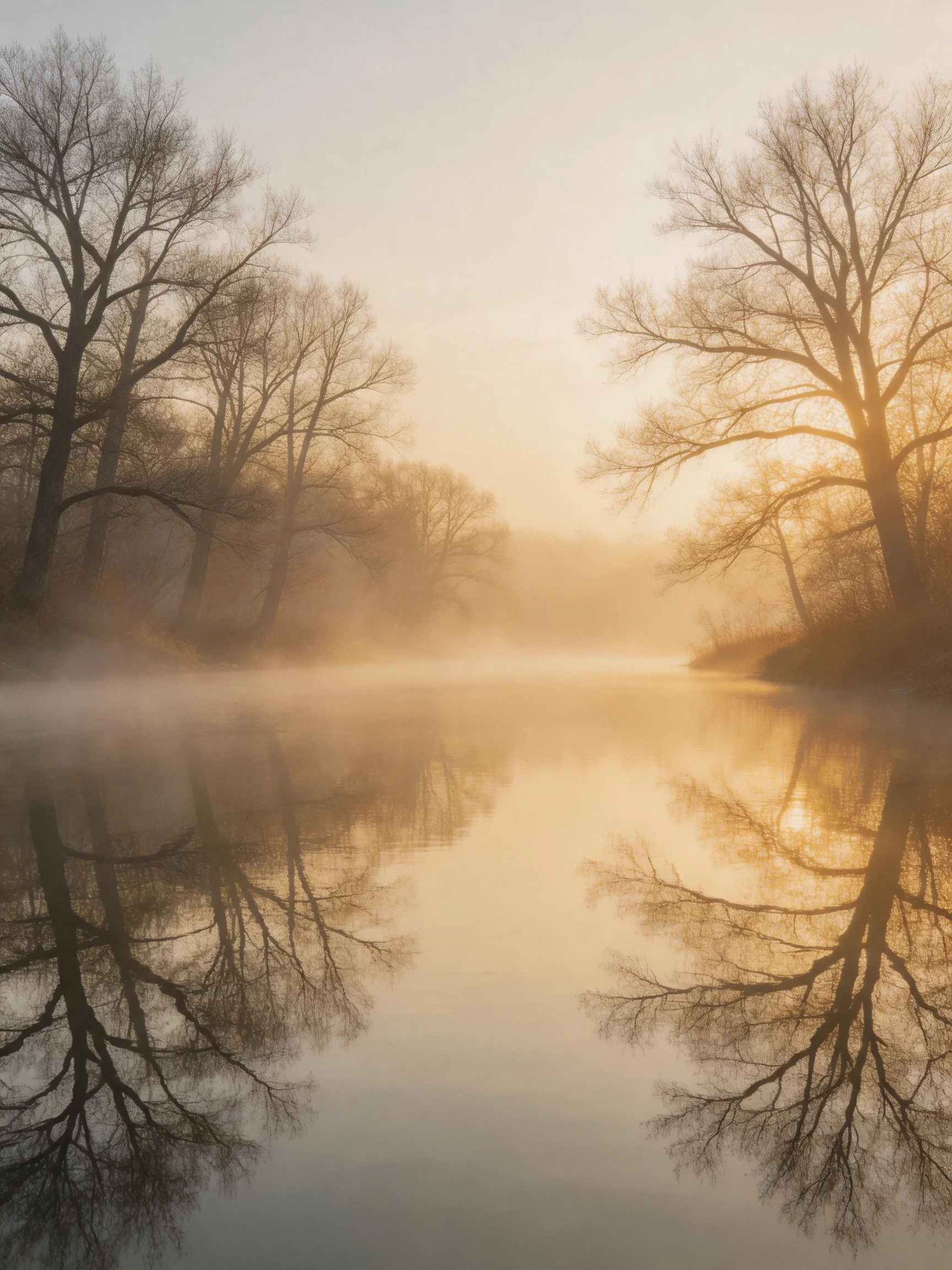 Golden Morning Mist Over Bare Trees Reflecting in Calm River