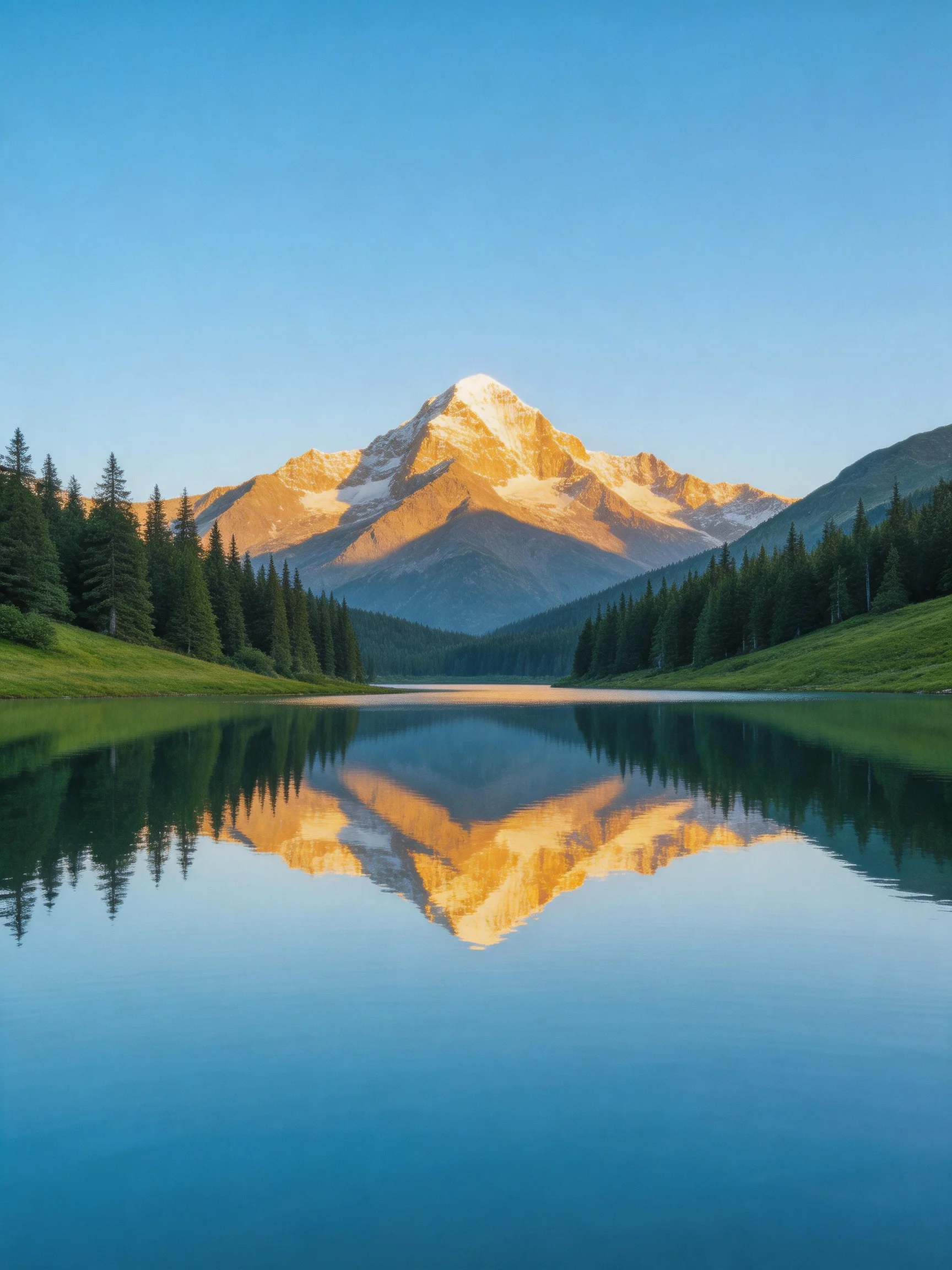 Golden Mountain Peak Reflects in Calm Lake with Lush Forests