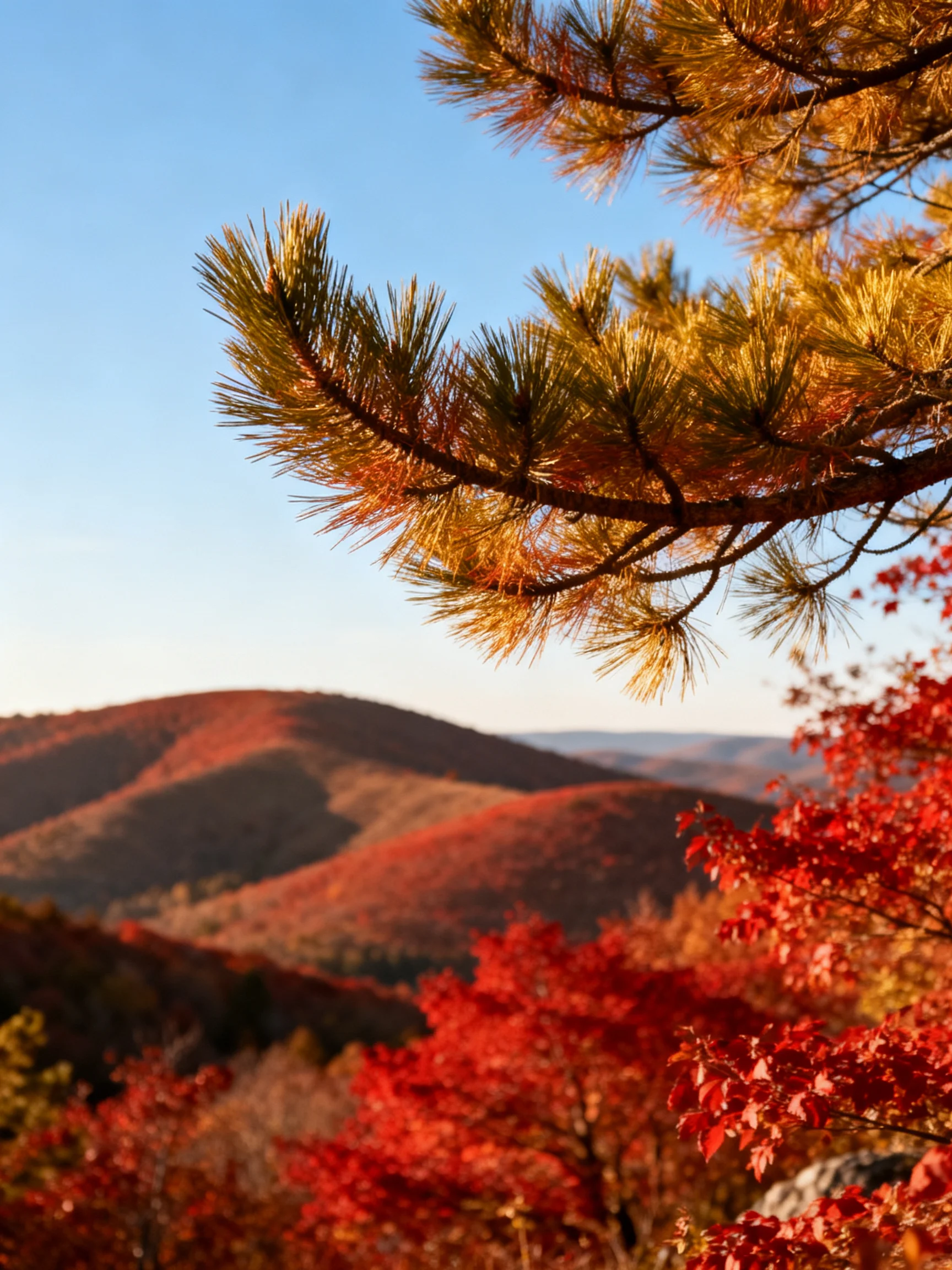 Golden Pine Branches Highlight Autumn Hills with Vibrant Red Foliage