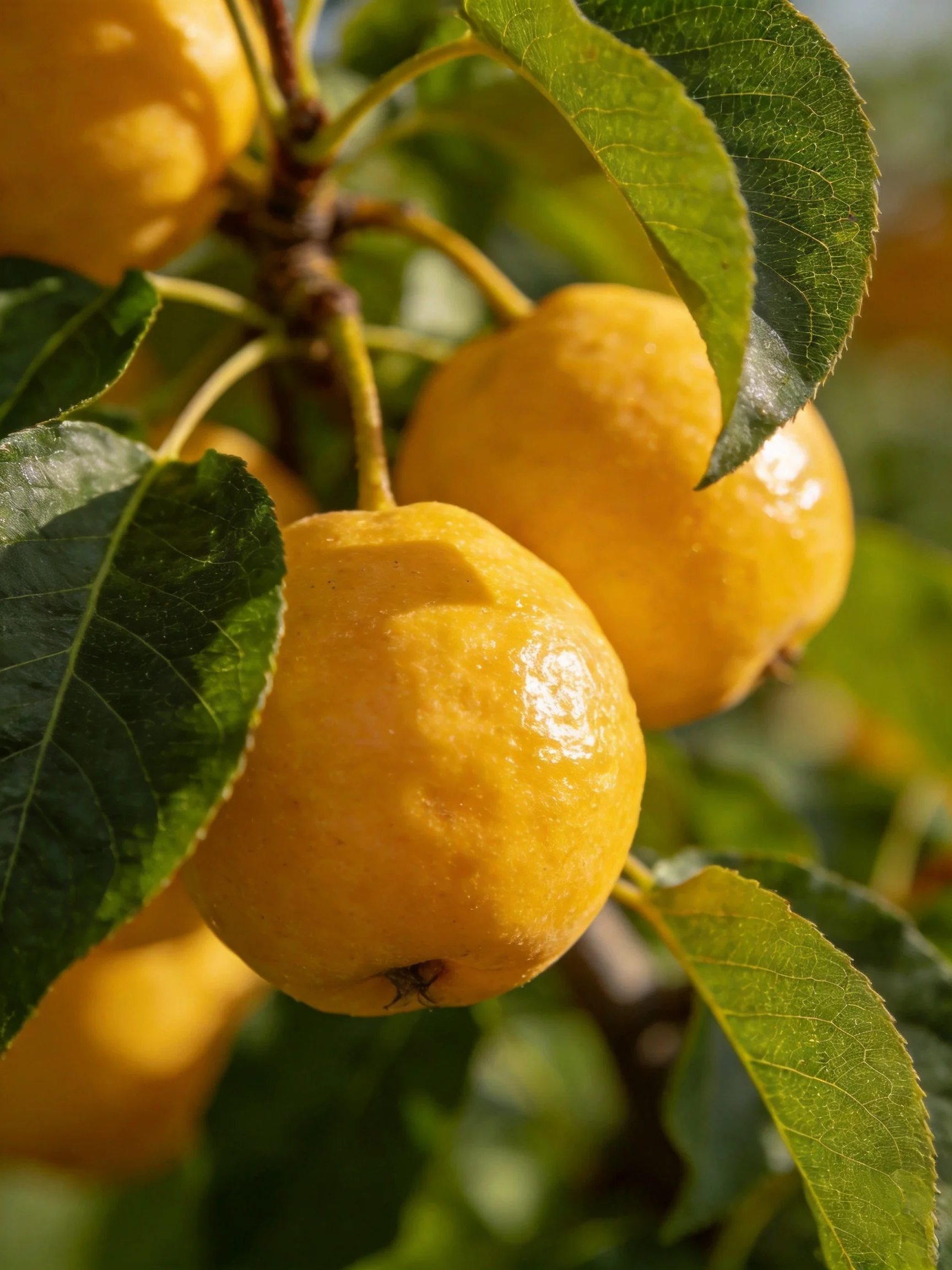 Golden Round Fruits Hang From Branches With Green Leaves
