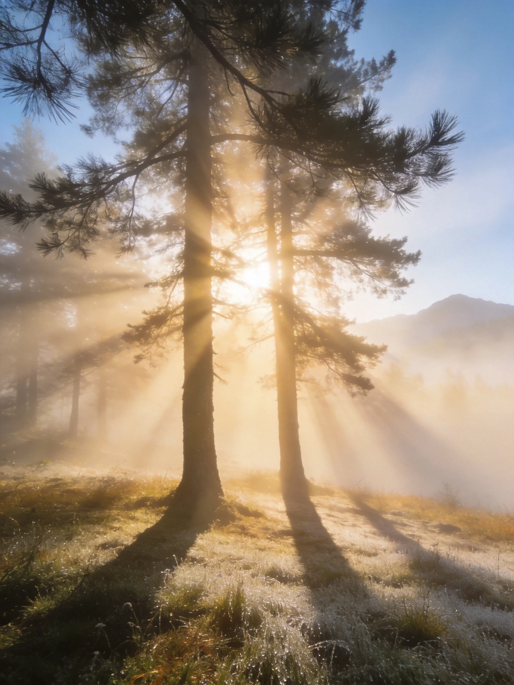 Golden Sunbeams Filter Through Pine Trees Amid Morning Mist