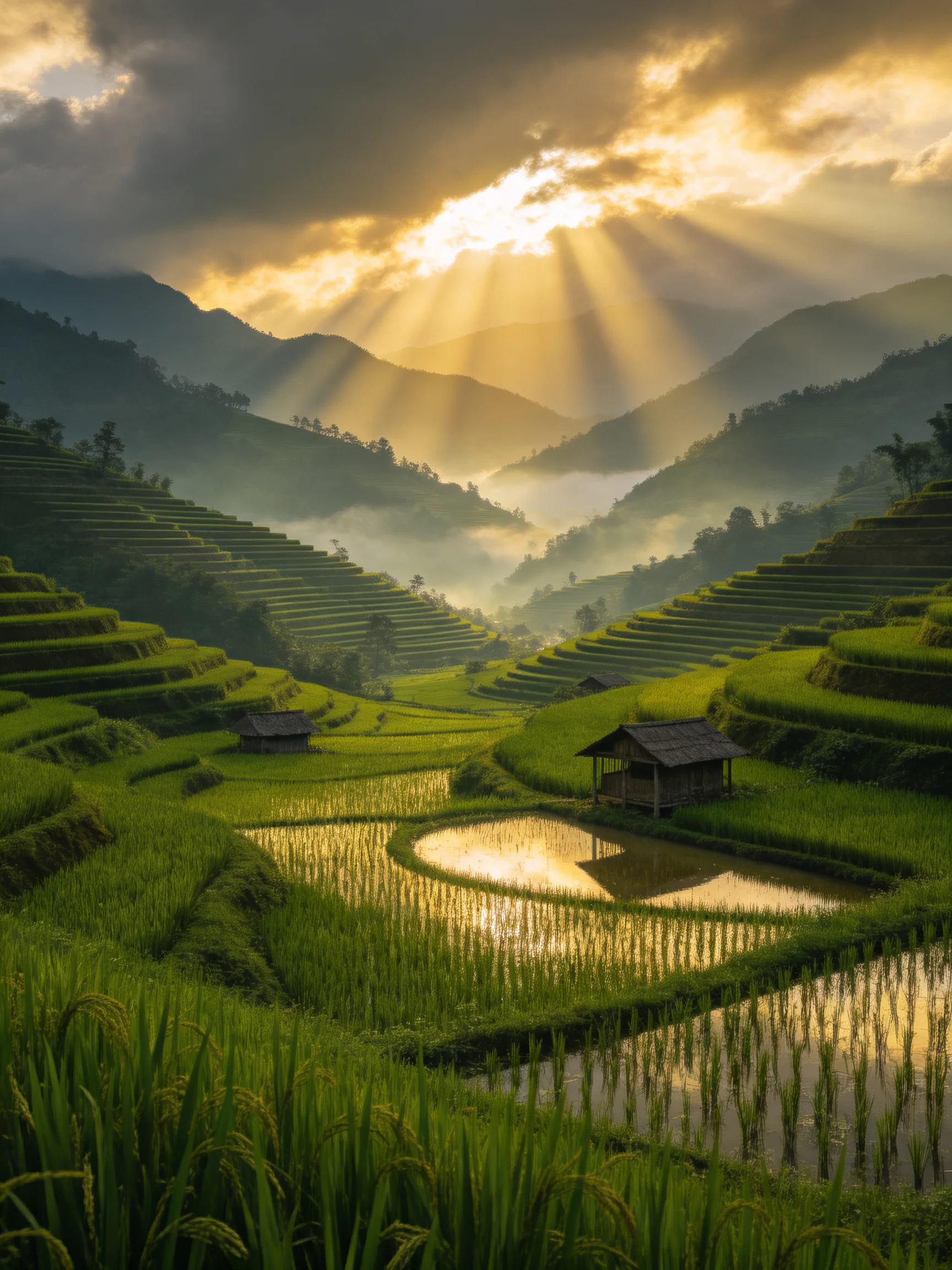 Golden Sunbeams Highlight Lush Terraced Rice Fields Near Misty Mountains
