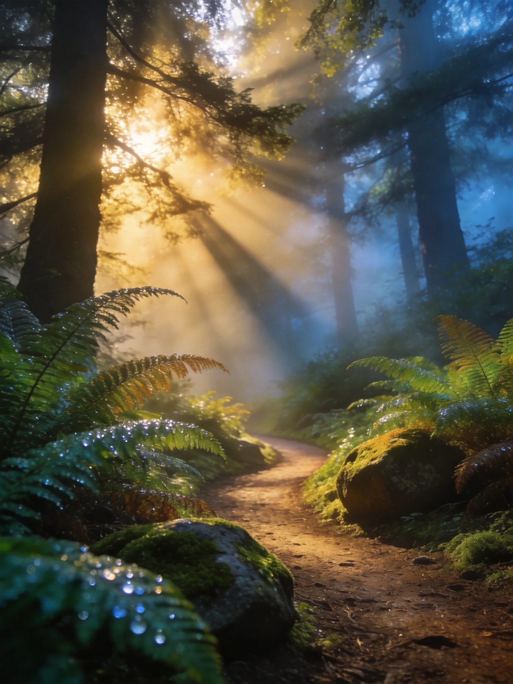 Golden Sunbeams Illuminate Misty Forest Path With Ferns And Moss-Covered Rocks