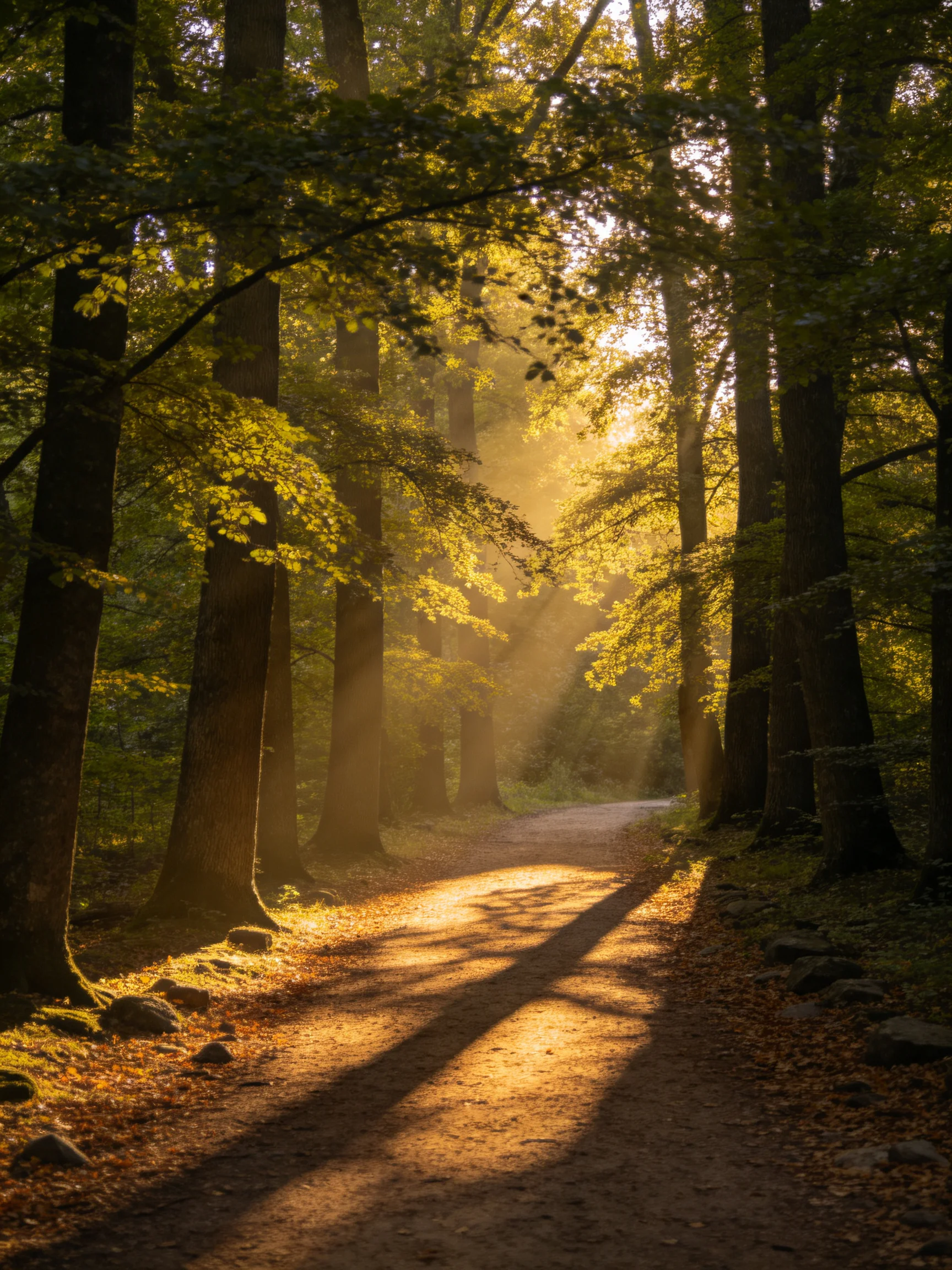Golden Sunlight Filters Through Tall Forest Trees Along a Dirt Path