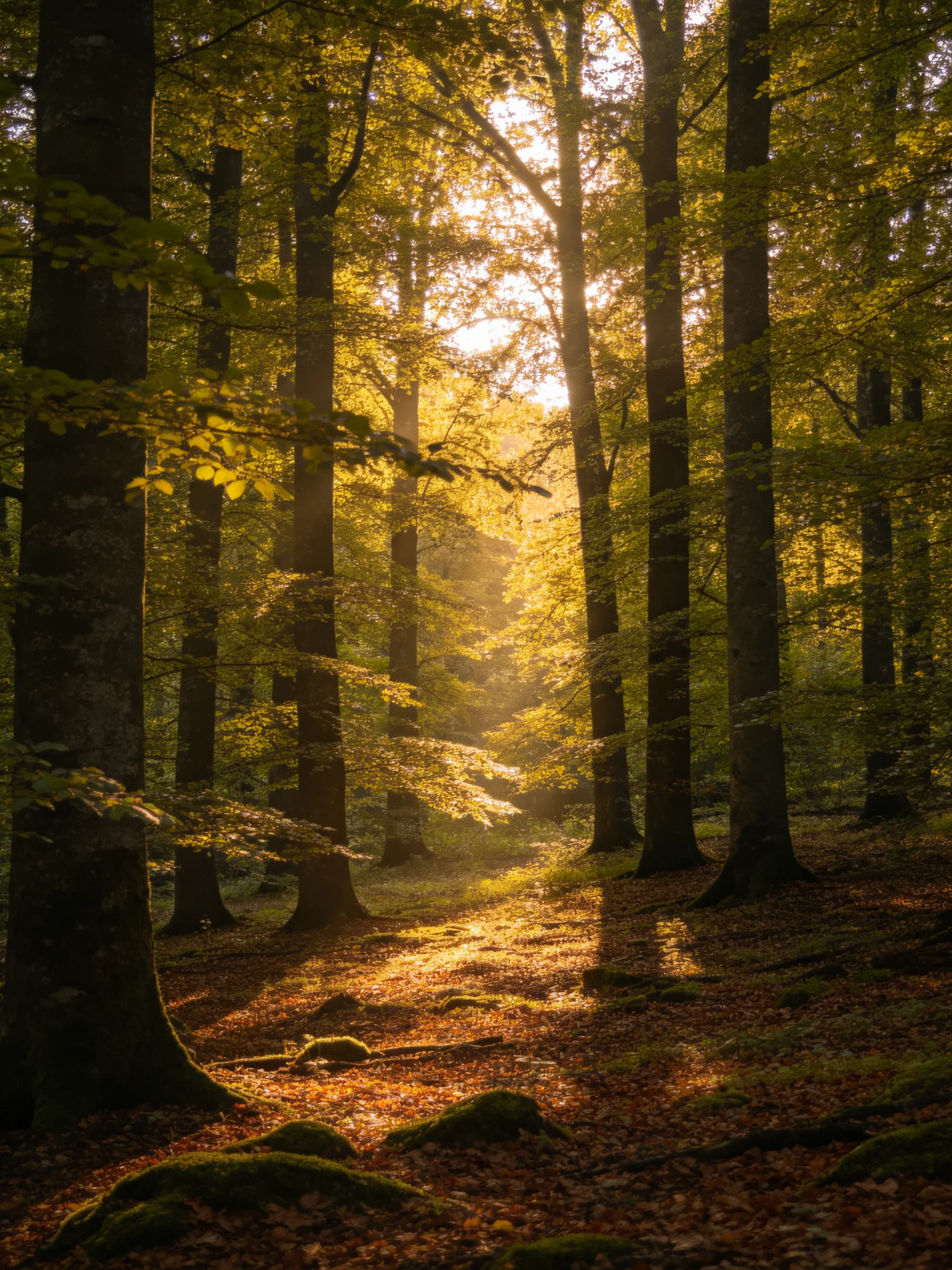 Golden Sunlight Filters Through Tall Forest Trees with Mossy Ground