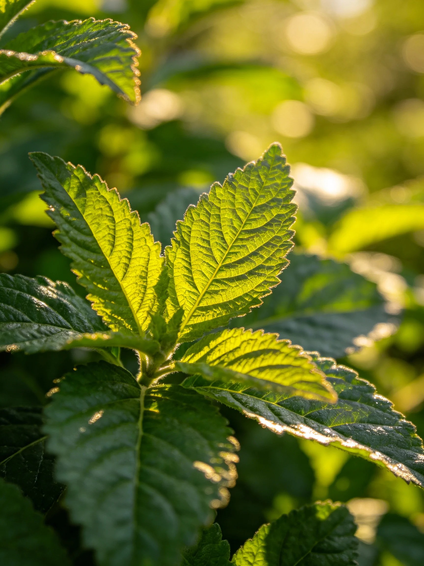 Golden Sunlight Highlights Lush Green Leaves with Serrated Edges