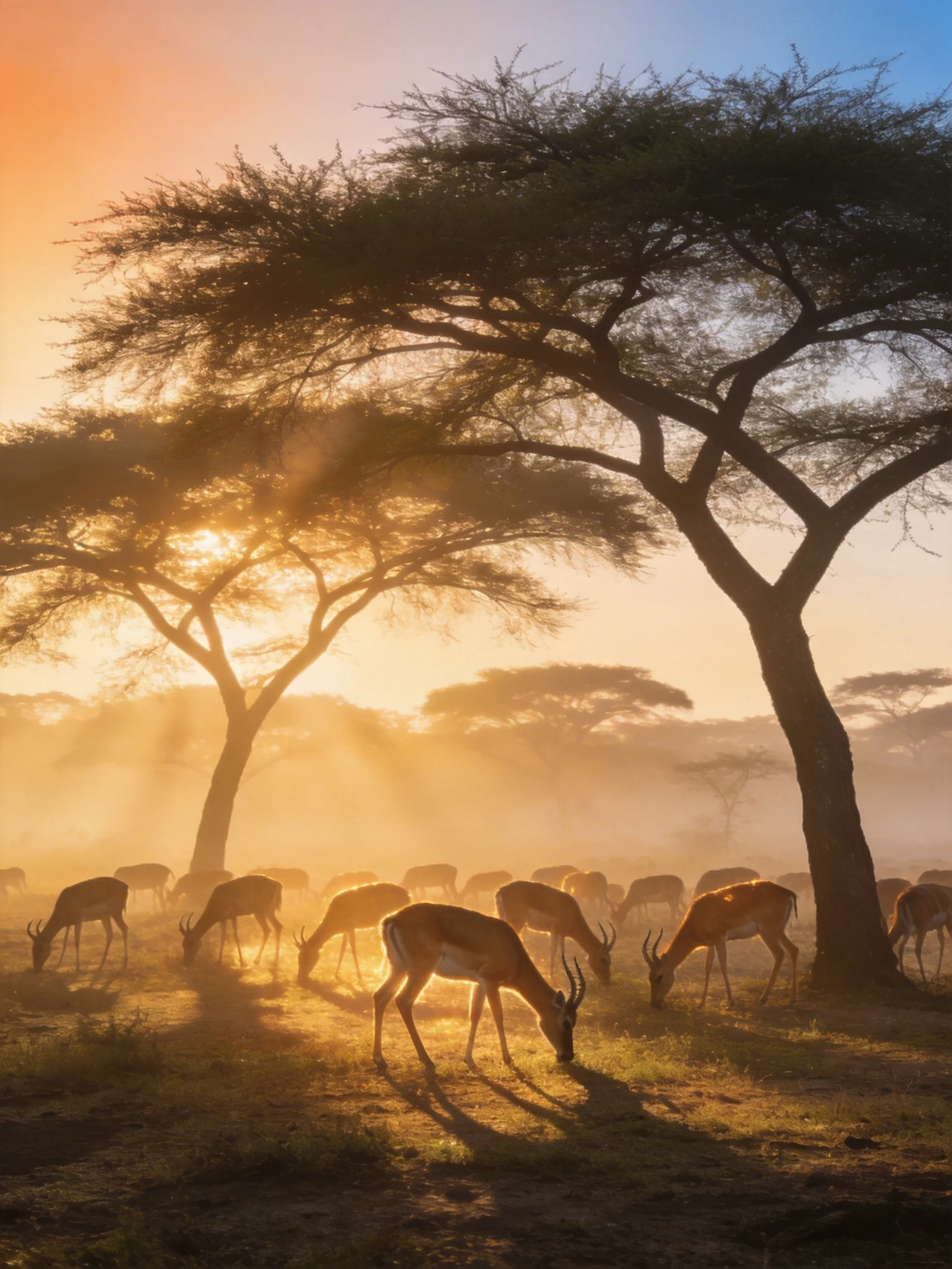 Golden Sunrise Over Acacia Trees With Antelope Herd