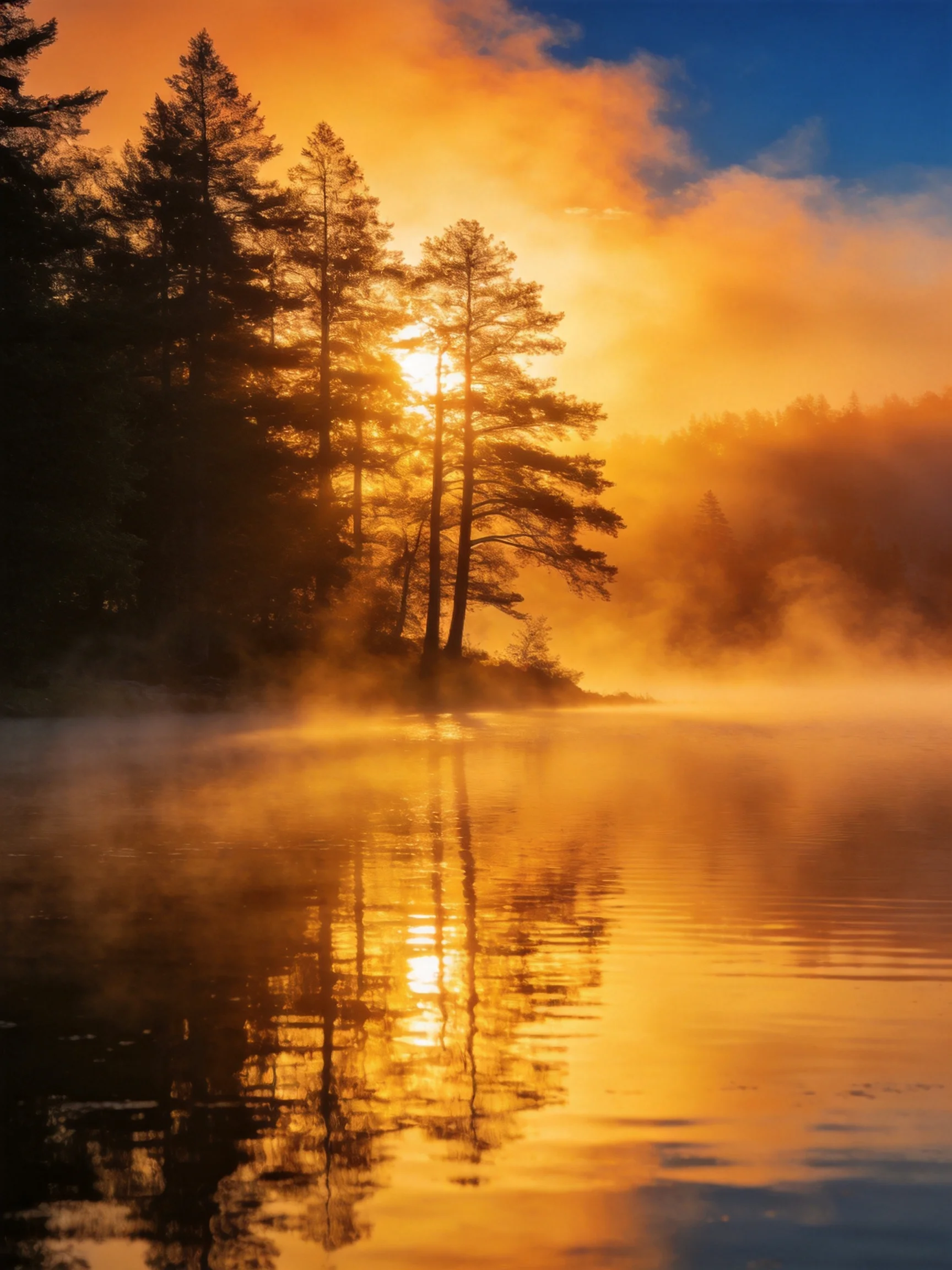 Golden Sunrise Over Misty Lake With Silhouetted Trees
