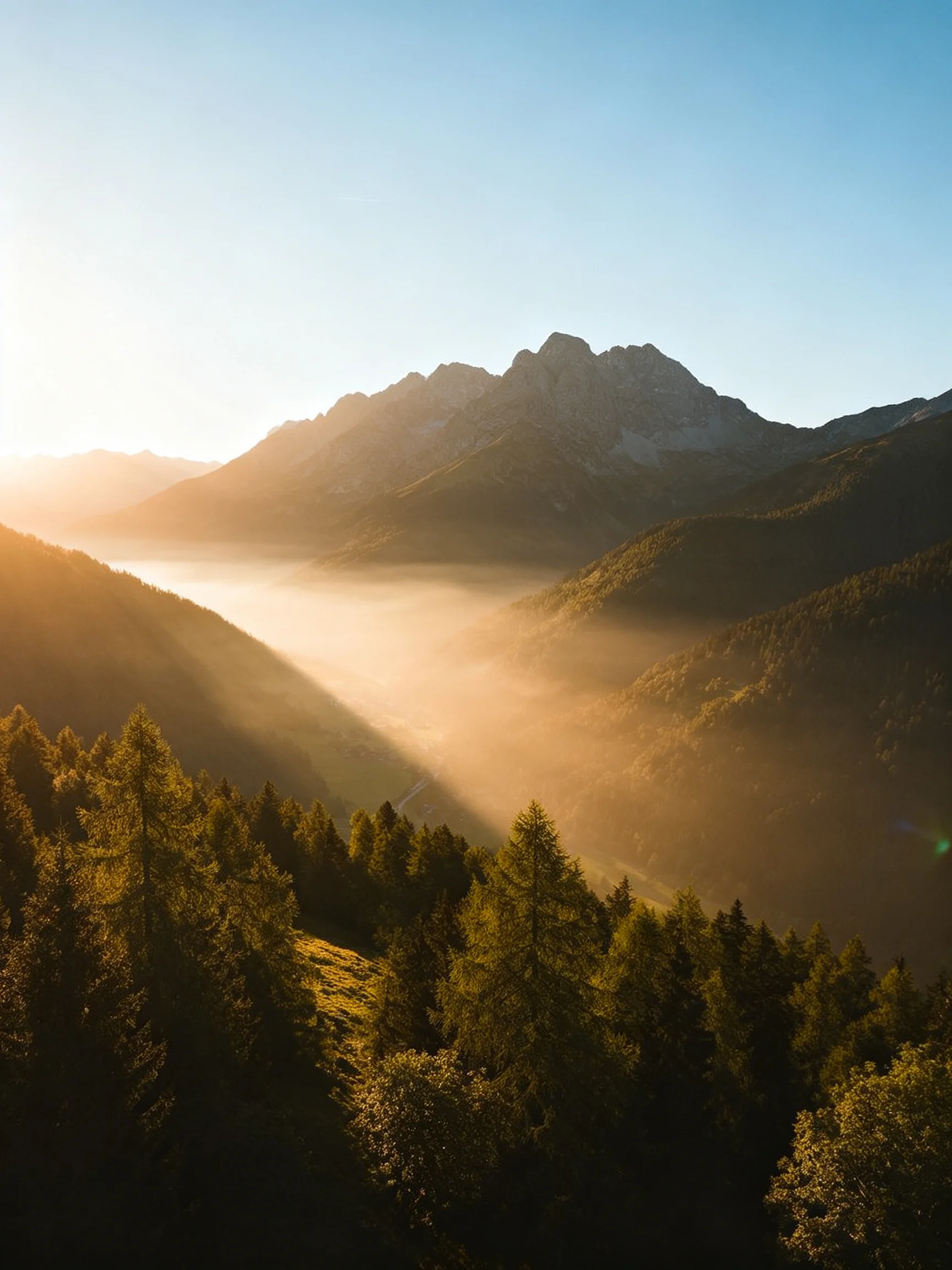 Golden Sunrise Over Misty Mountain Forest Valley