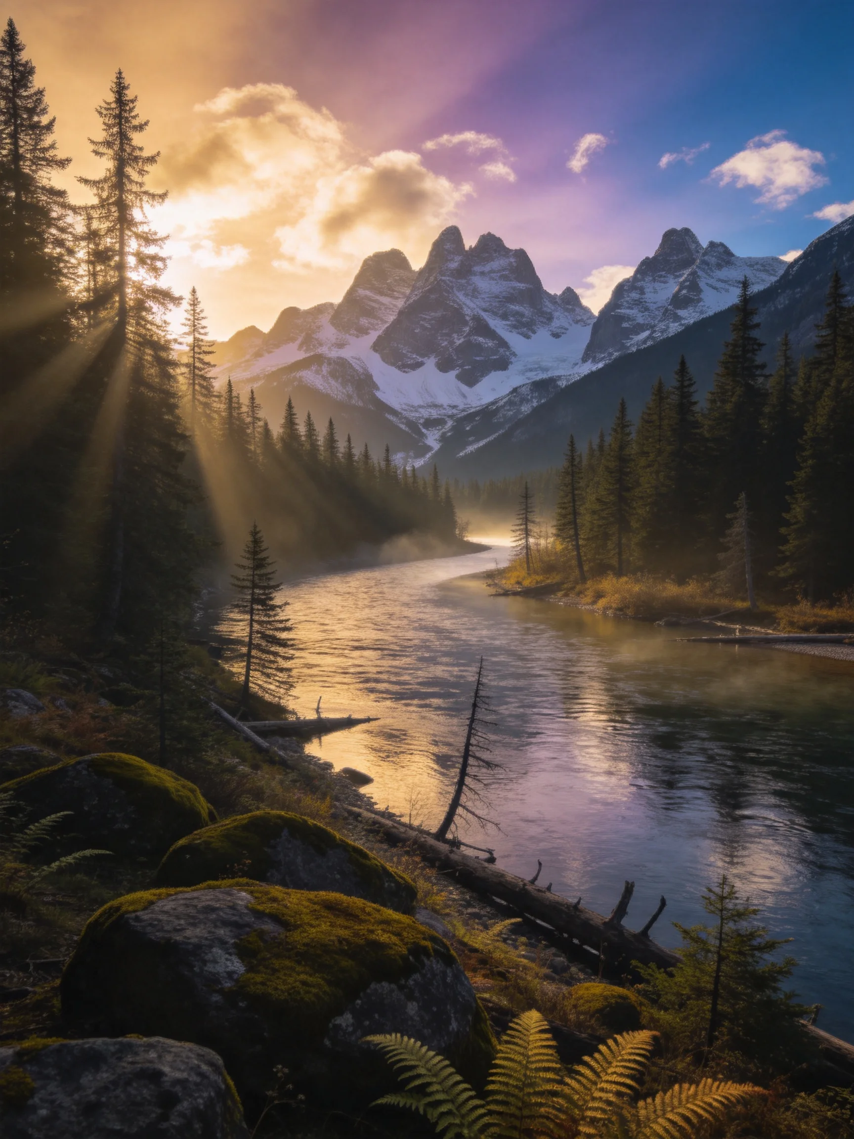Golden Sunrise Over Snow-Capped Mountains and Forested River Valley