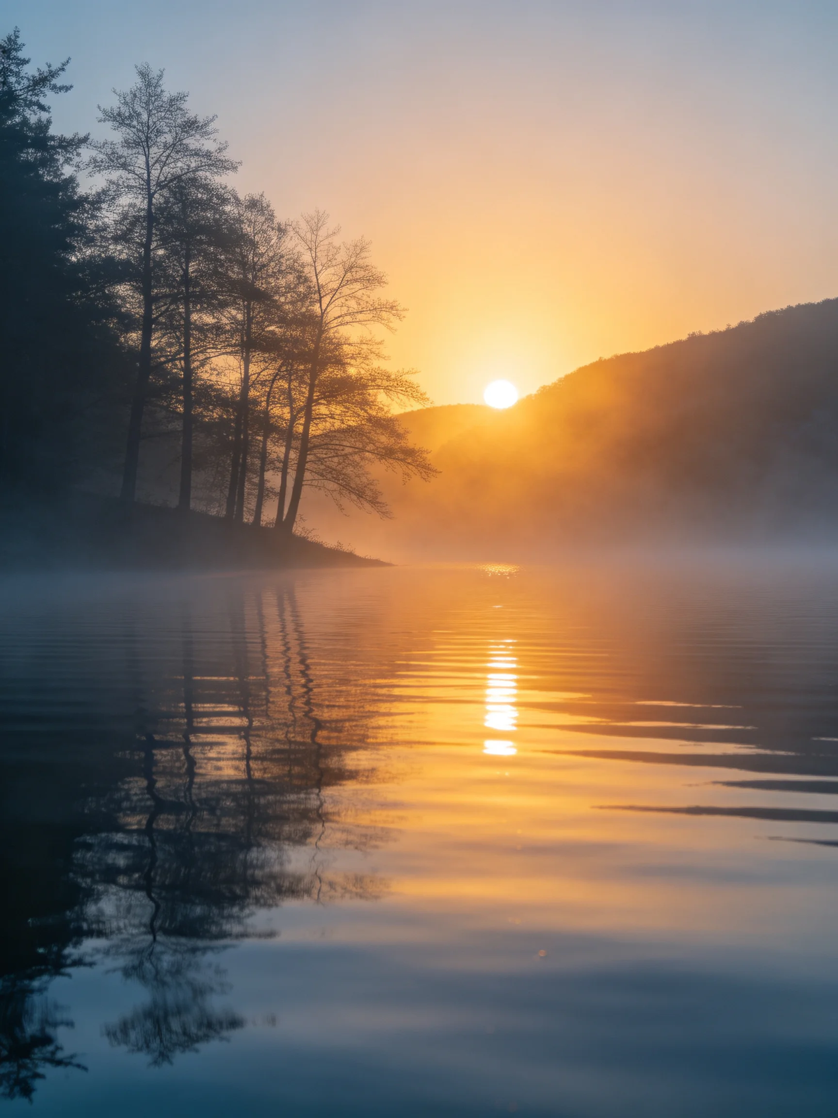 Golden Sunrise Reflects Off Misty Lake With Silhouetted Trees