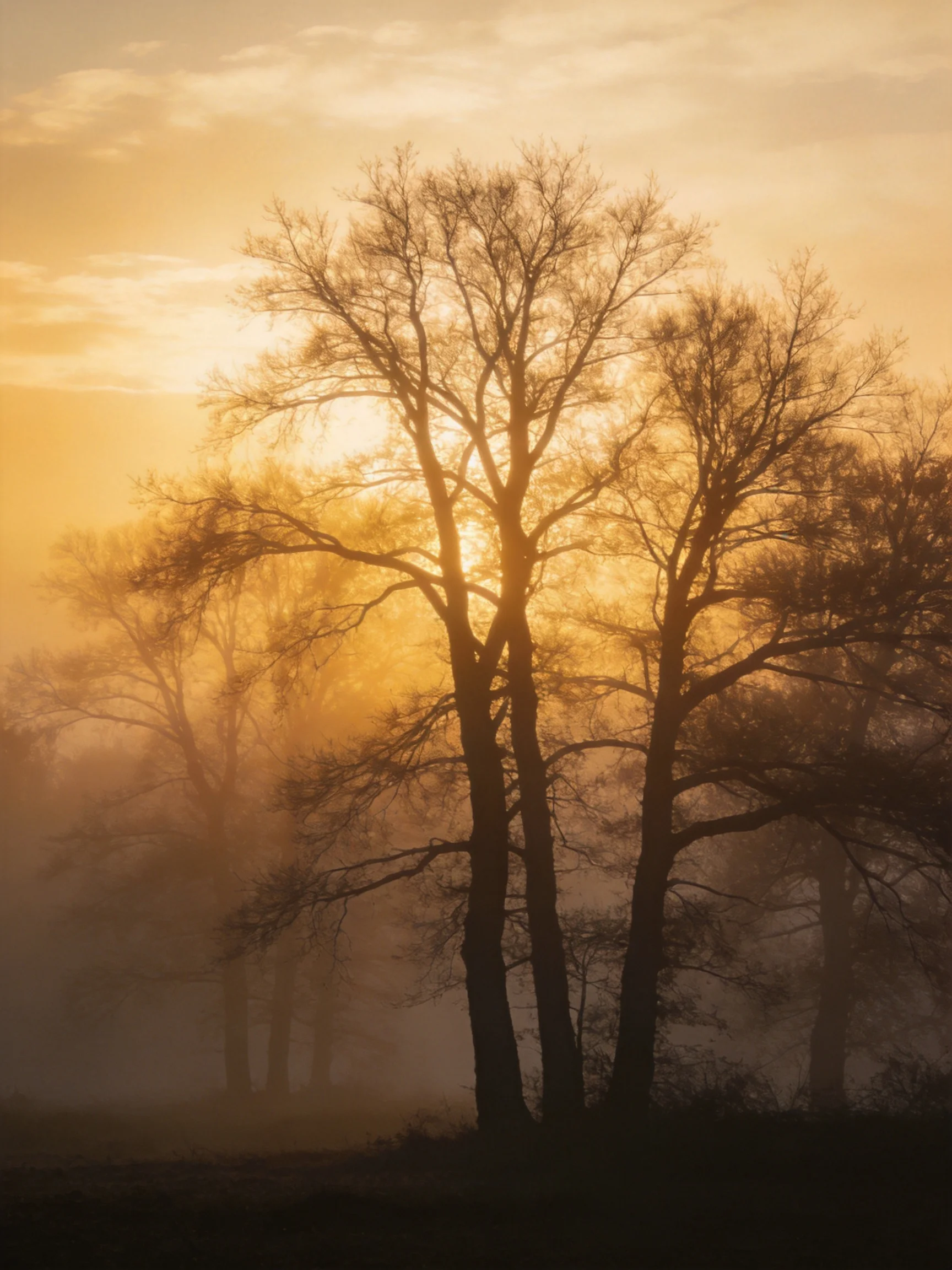Golden Sunrise Silhouetting Bare Trees in Misty Landscape