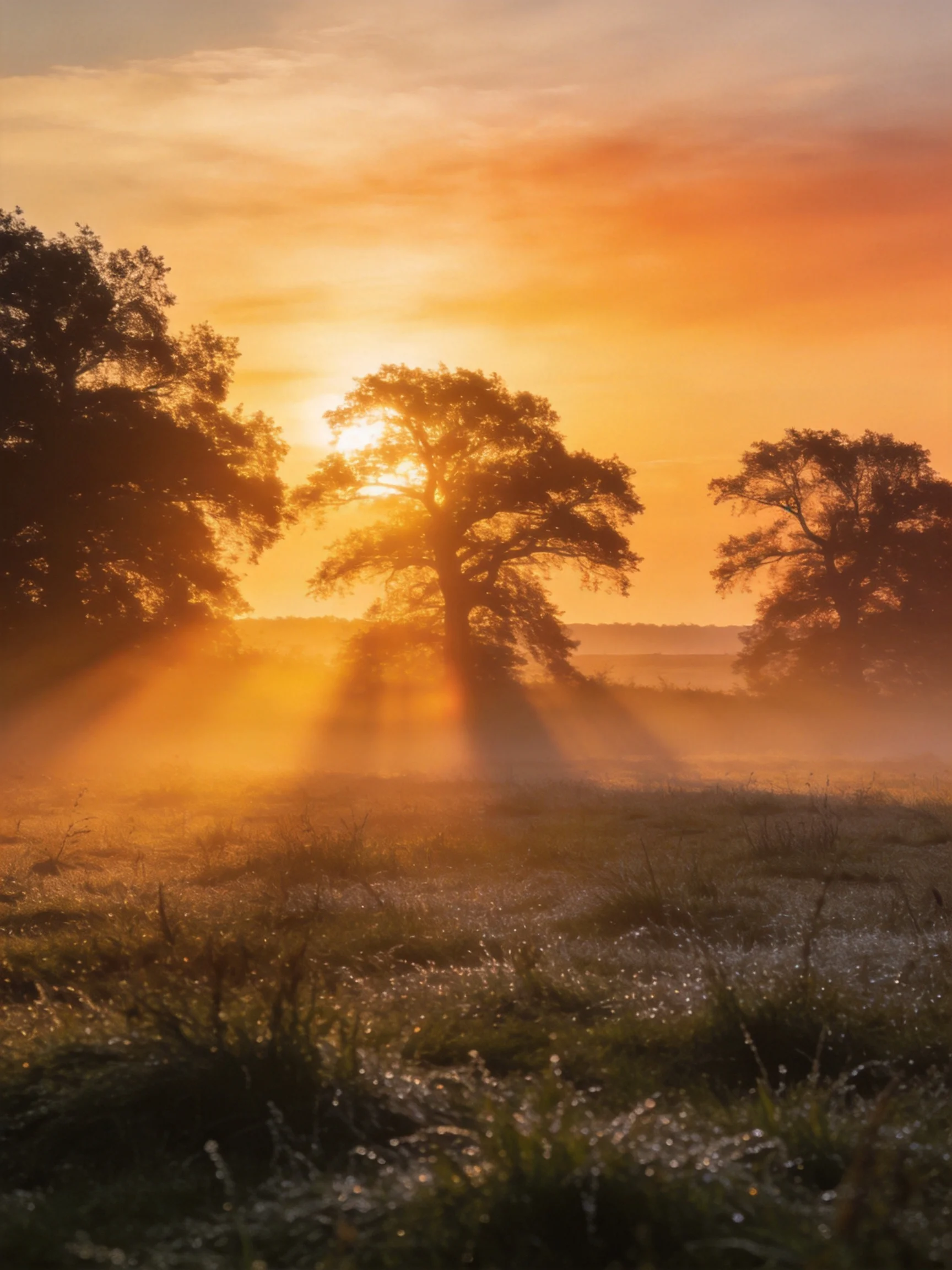 Golden Sunrise Silhouetting Trees Over Misty Meadow