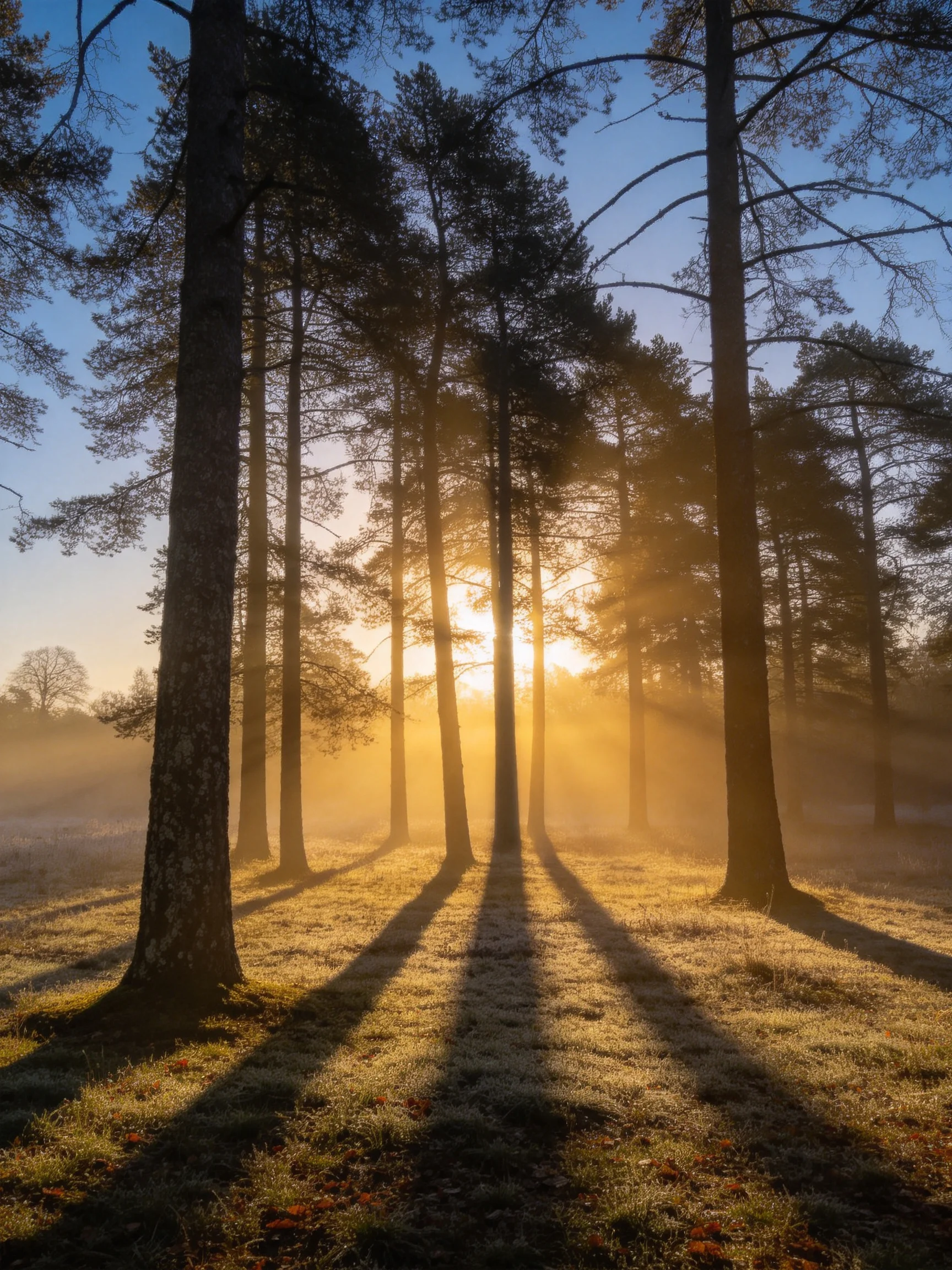 Golden Sunrise Through Tall Forest Trees with Morning Mist