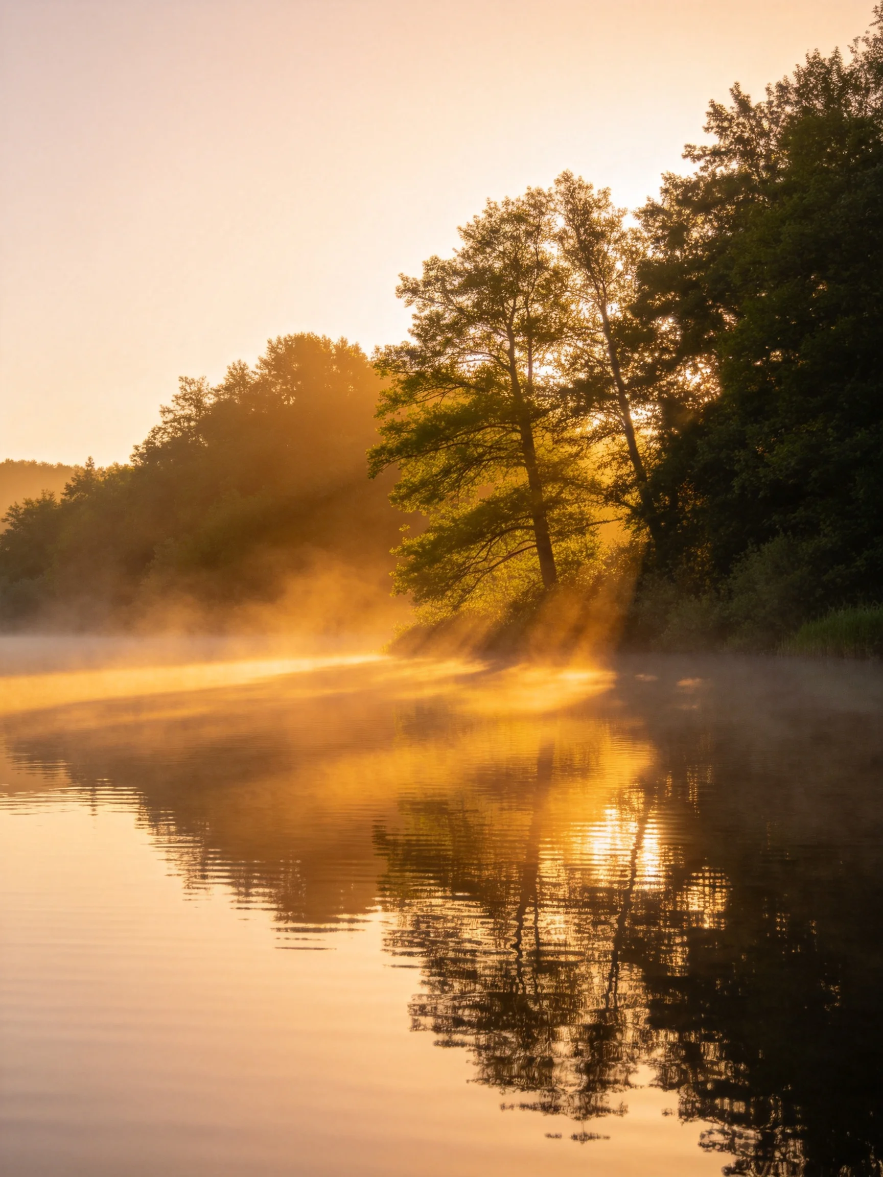 Golden Sunrise over Misty River with Lush Trees