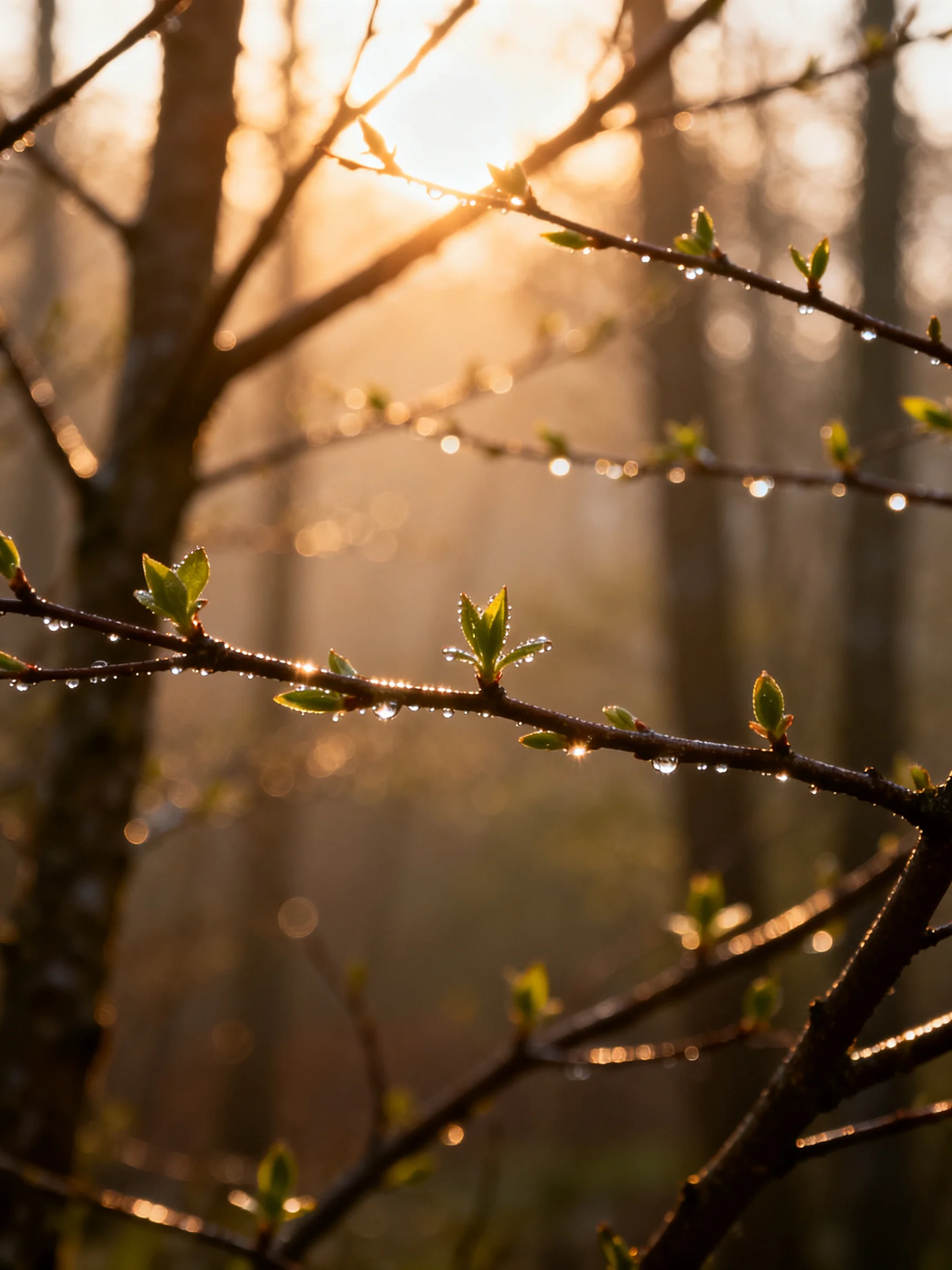 Golden Sunrise with Dew-Covered Branches and Forest Background