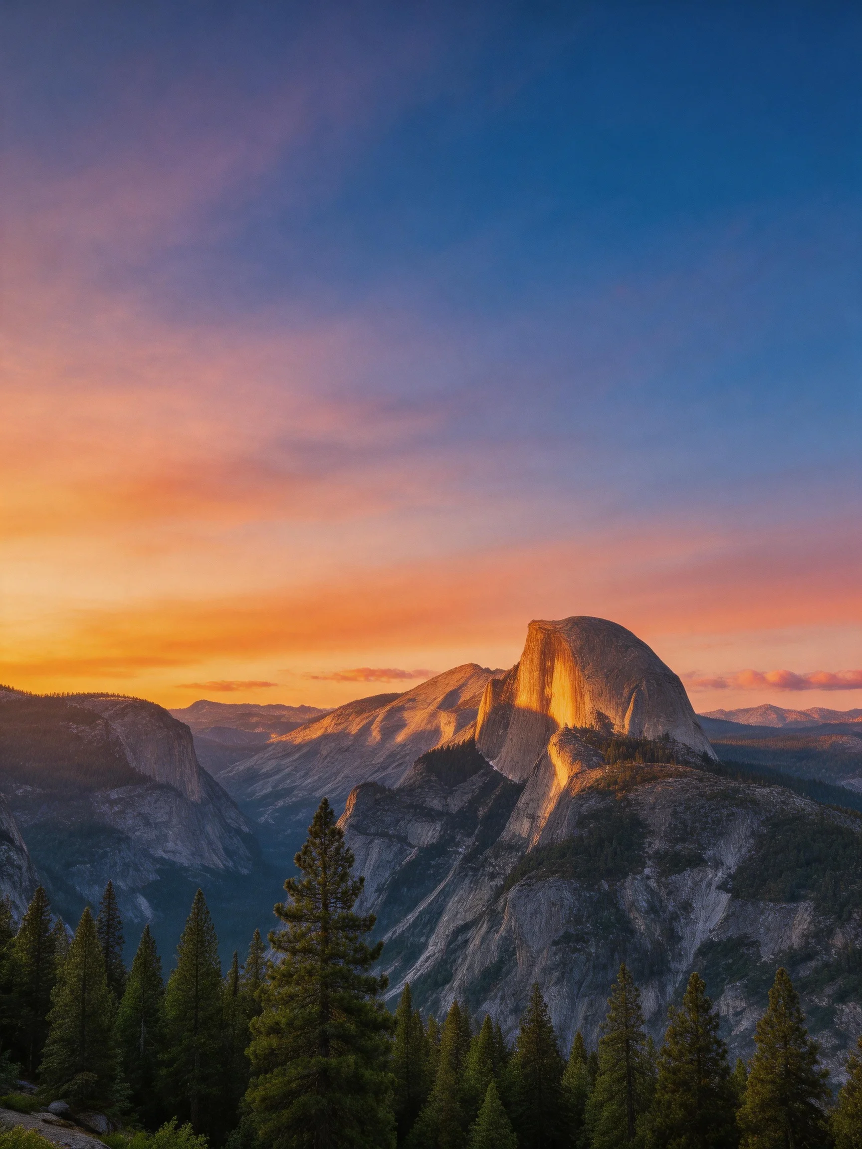 Golden Sunset Highlights Half Dome and Mountain Scenery