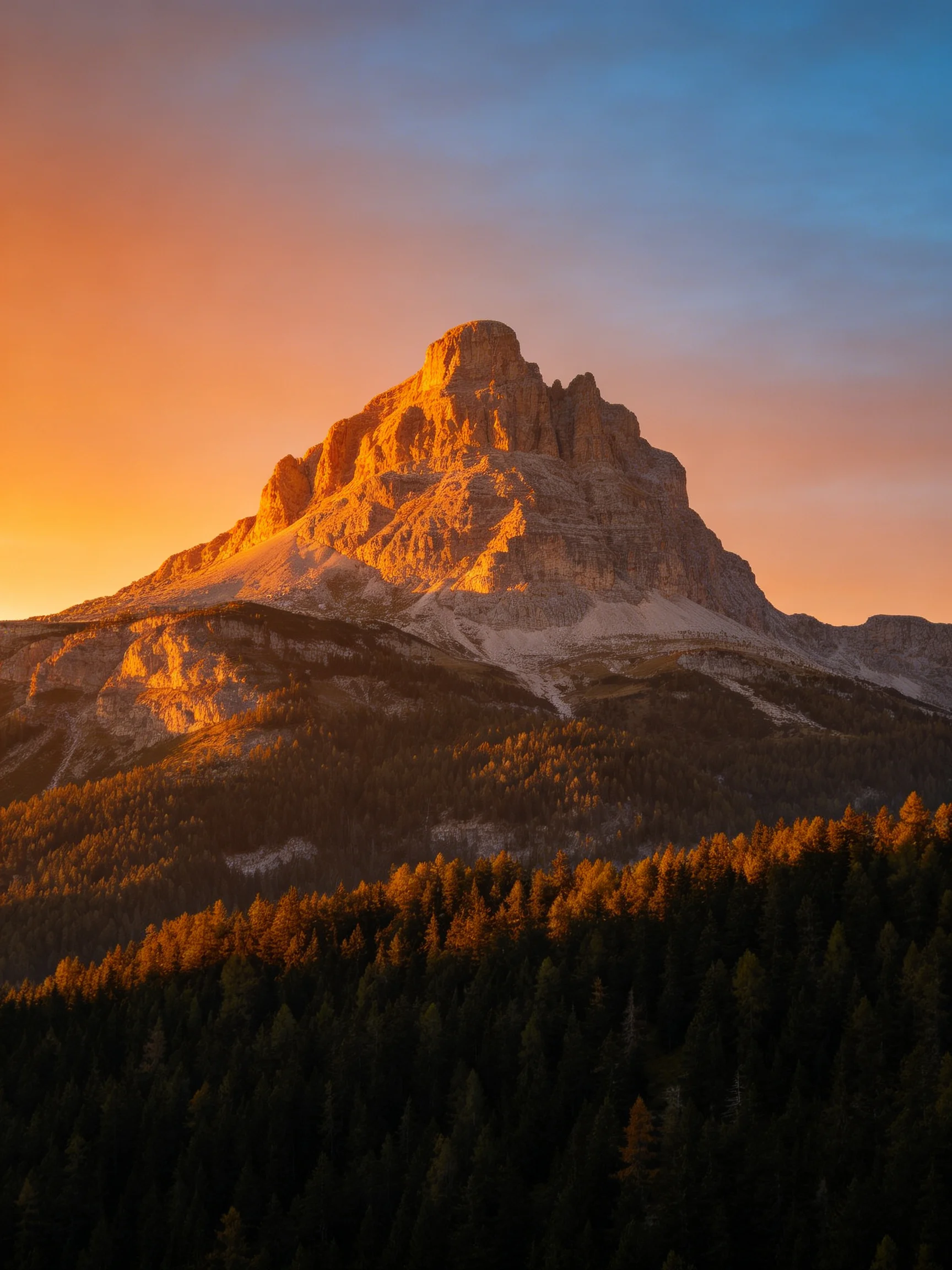 Golden Sunset Illuminates a Majestic Mountain Peak with Dense Forest Below