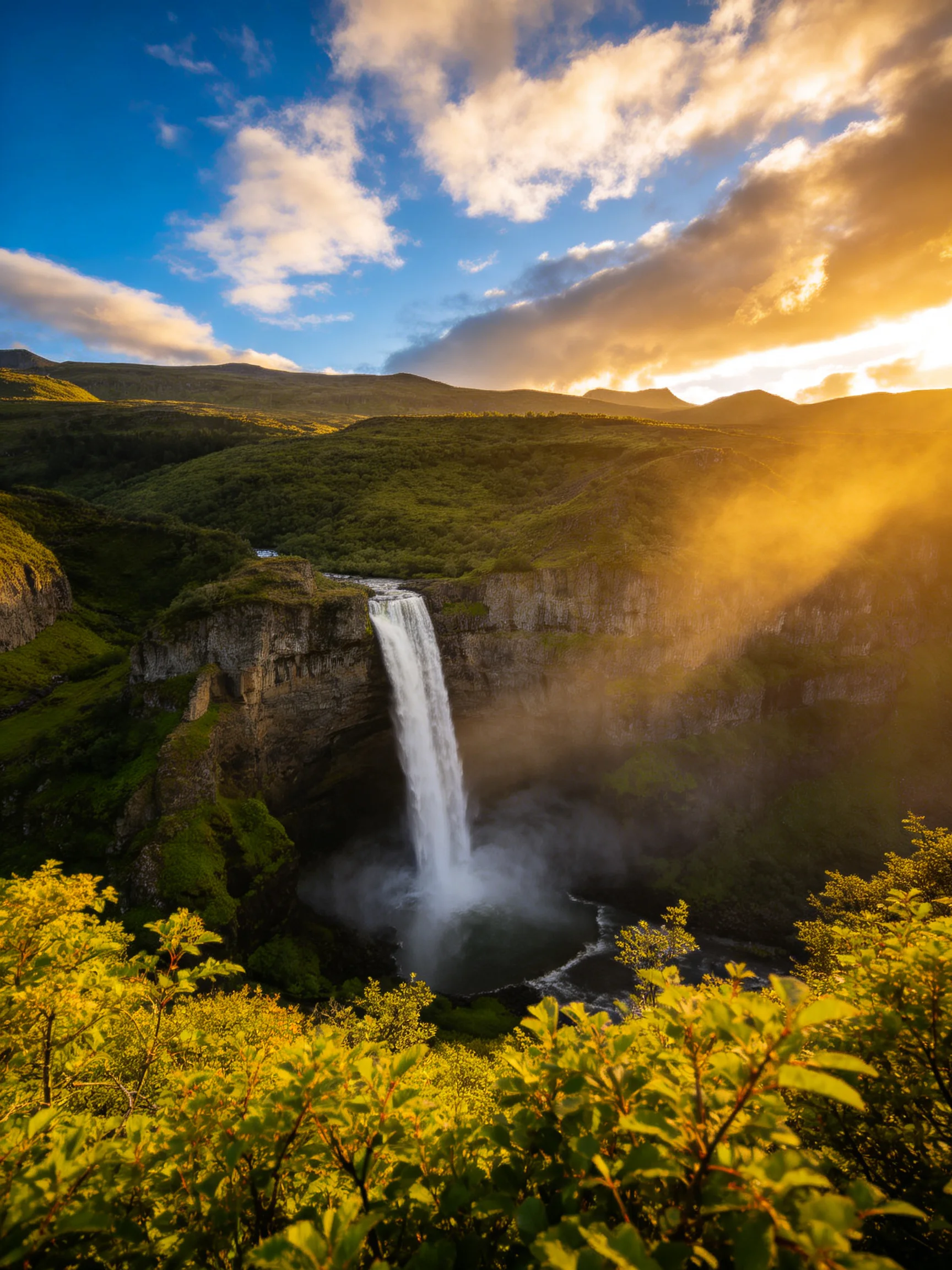 Golden Sunset Illuminates a Majestic Waterfall Among Verdant Hills