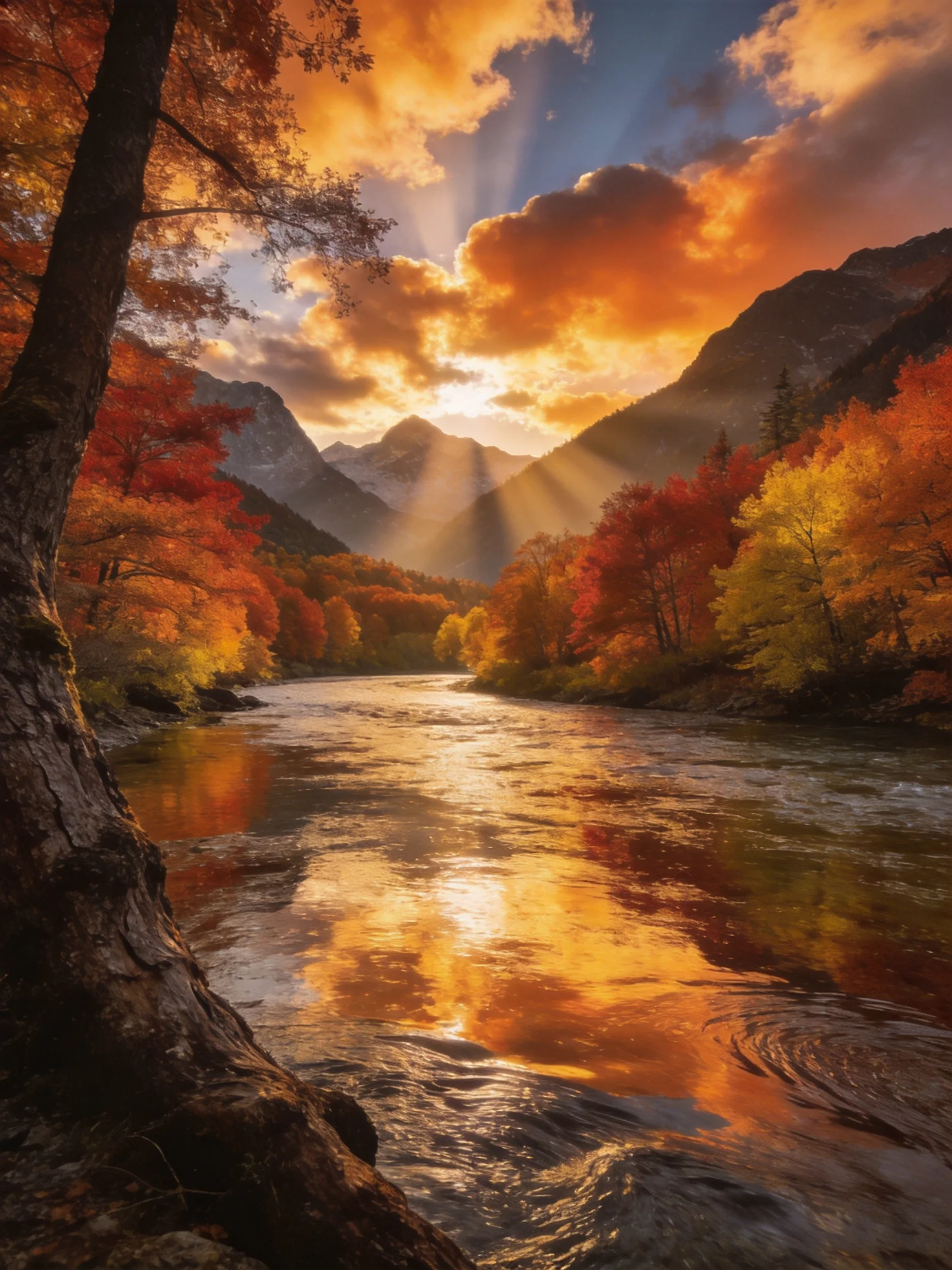 Golden Sunset Over Autumn River Valley with Mountain Peaks