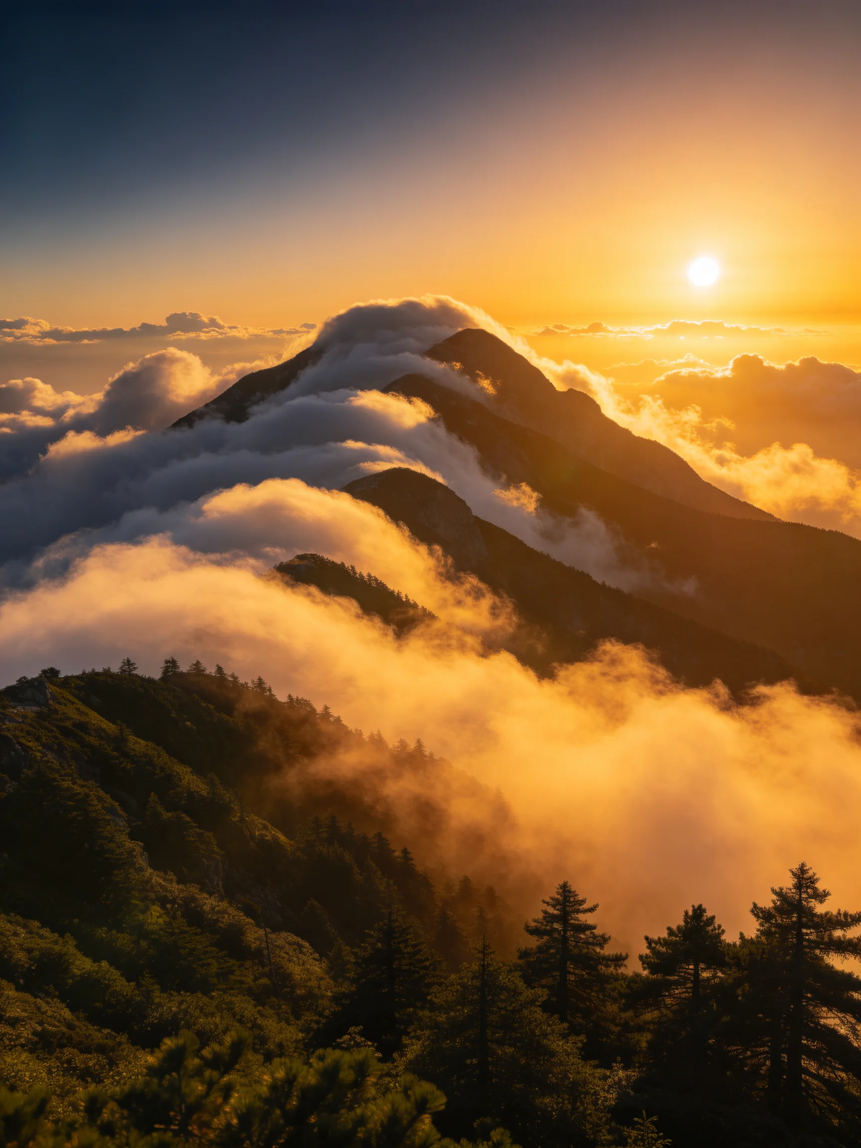 Golden Sunset Over Cloud-Capped Mountain Peaks