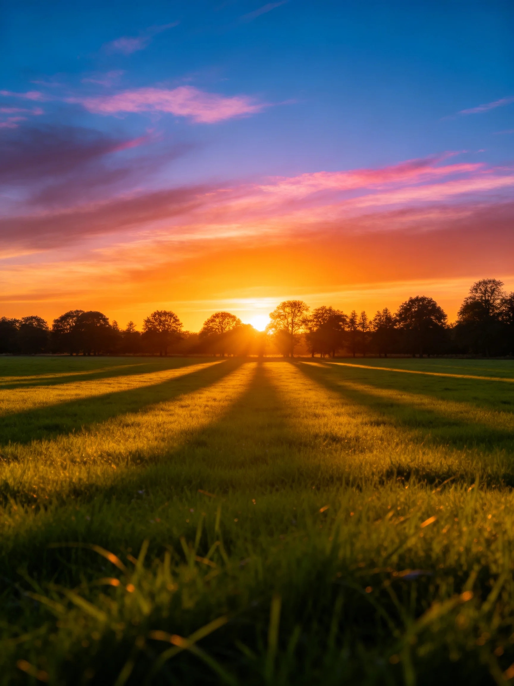 Golden Sunset Over Expansive Field With Silhouetted Trees