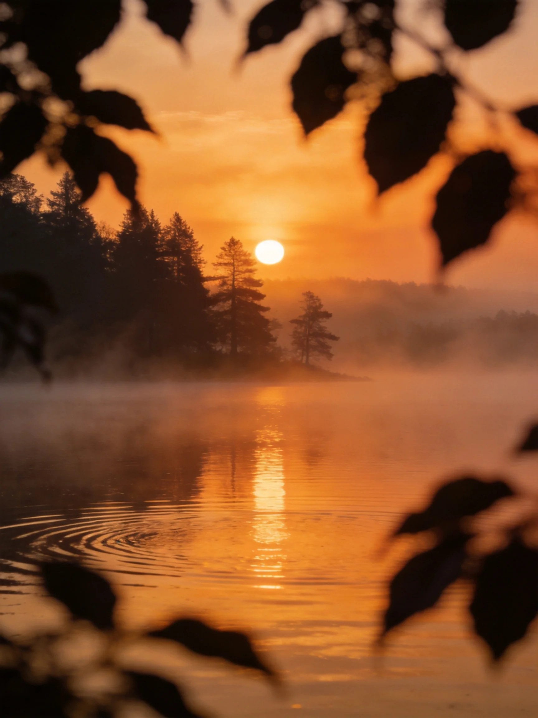 Golden Sunset Over Misty Lake With Silhouetted Trees