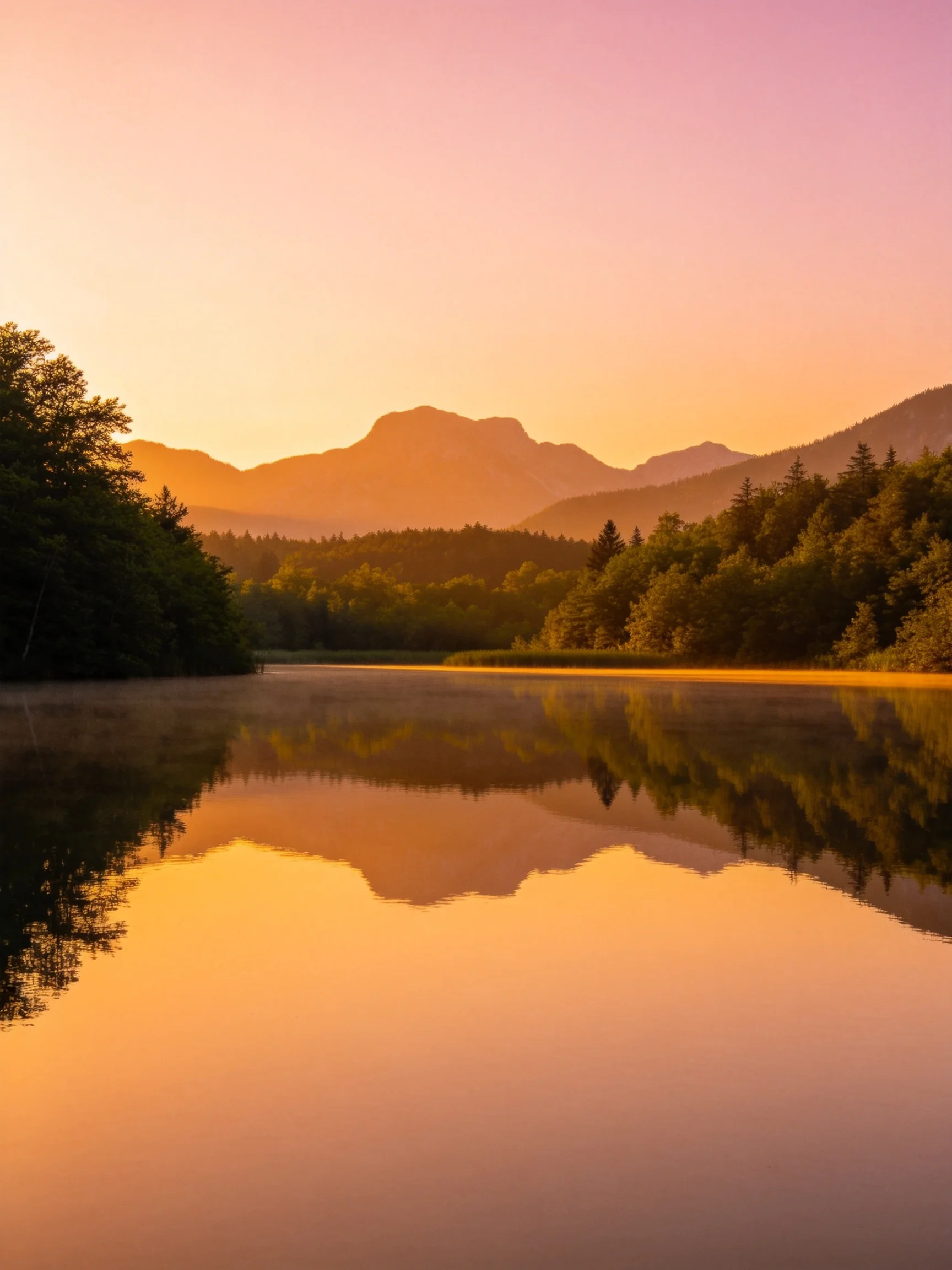 Golden Sunset Over Mountain Lake With Forest Reflections