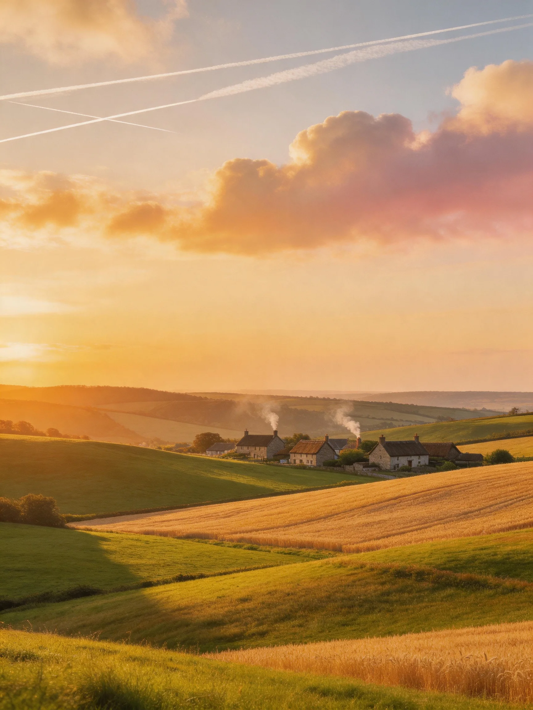 Golden Sunset Over Rolling Farmland with Stone Houses