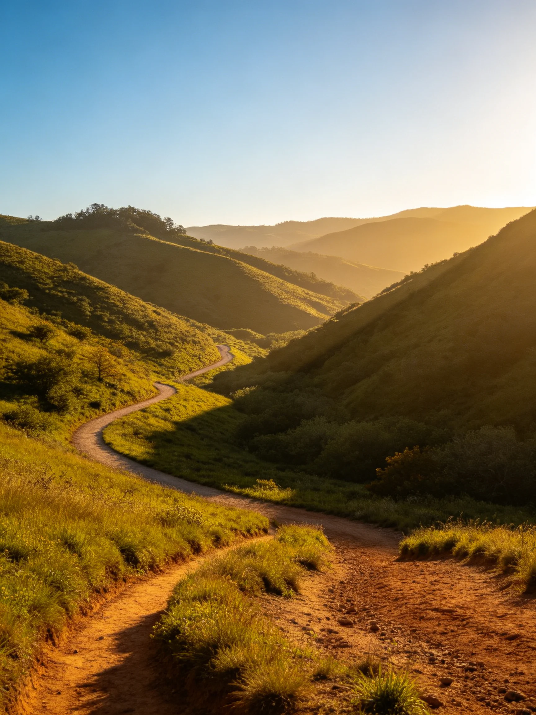 Golden Sunset Over Rolling Green Hills with Winding Dirt Path